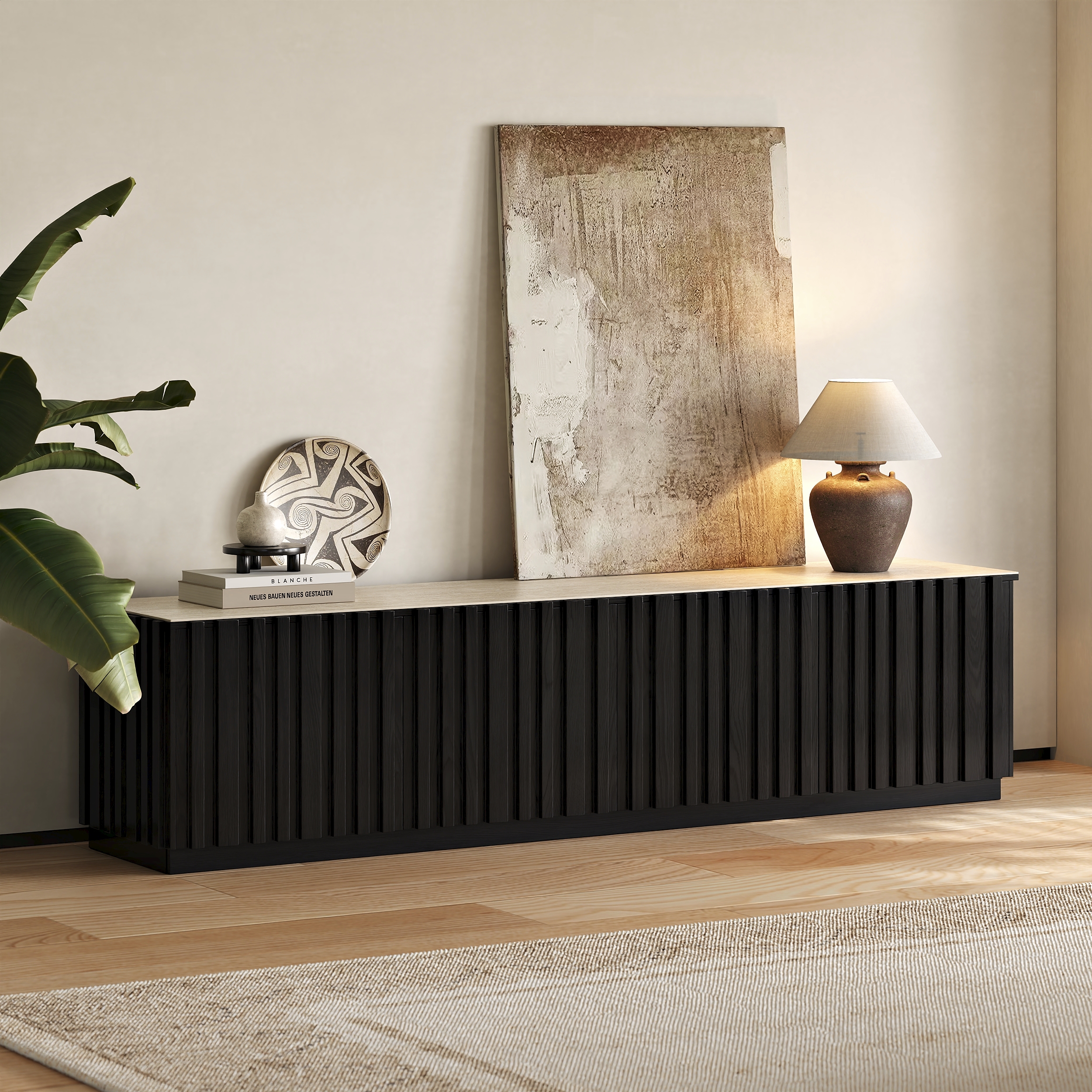 Aura 83" Mid-Century Modern Ash Wood Slatted Black TV Stand with Travertine Veneer Top