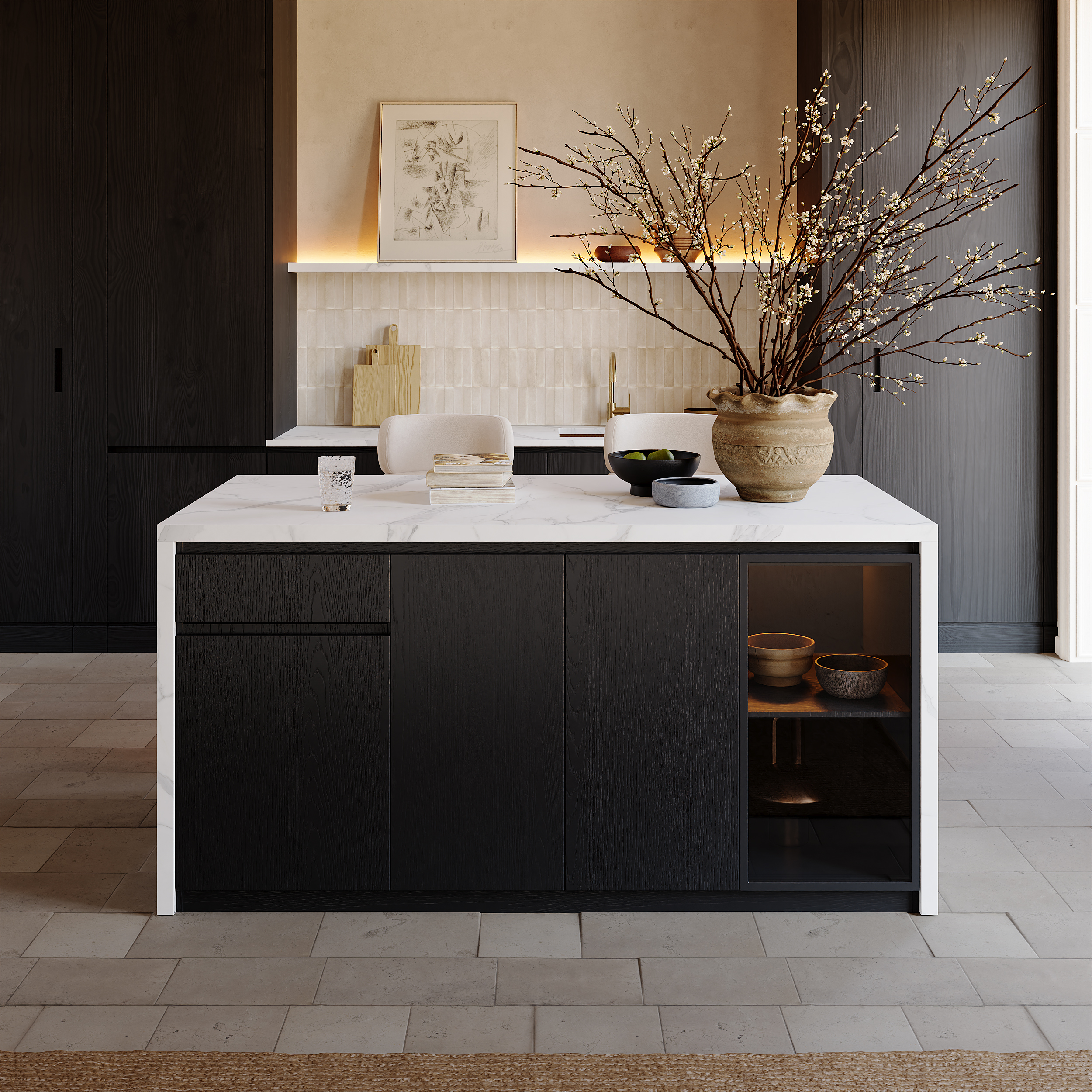 72" Waterfall Wood Kitchen lsland Fluted Panel Design with & Storage & LED Light