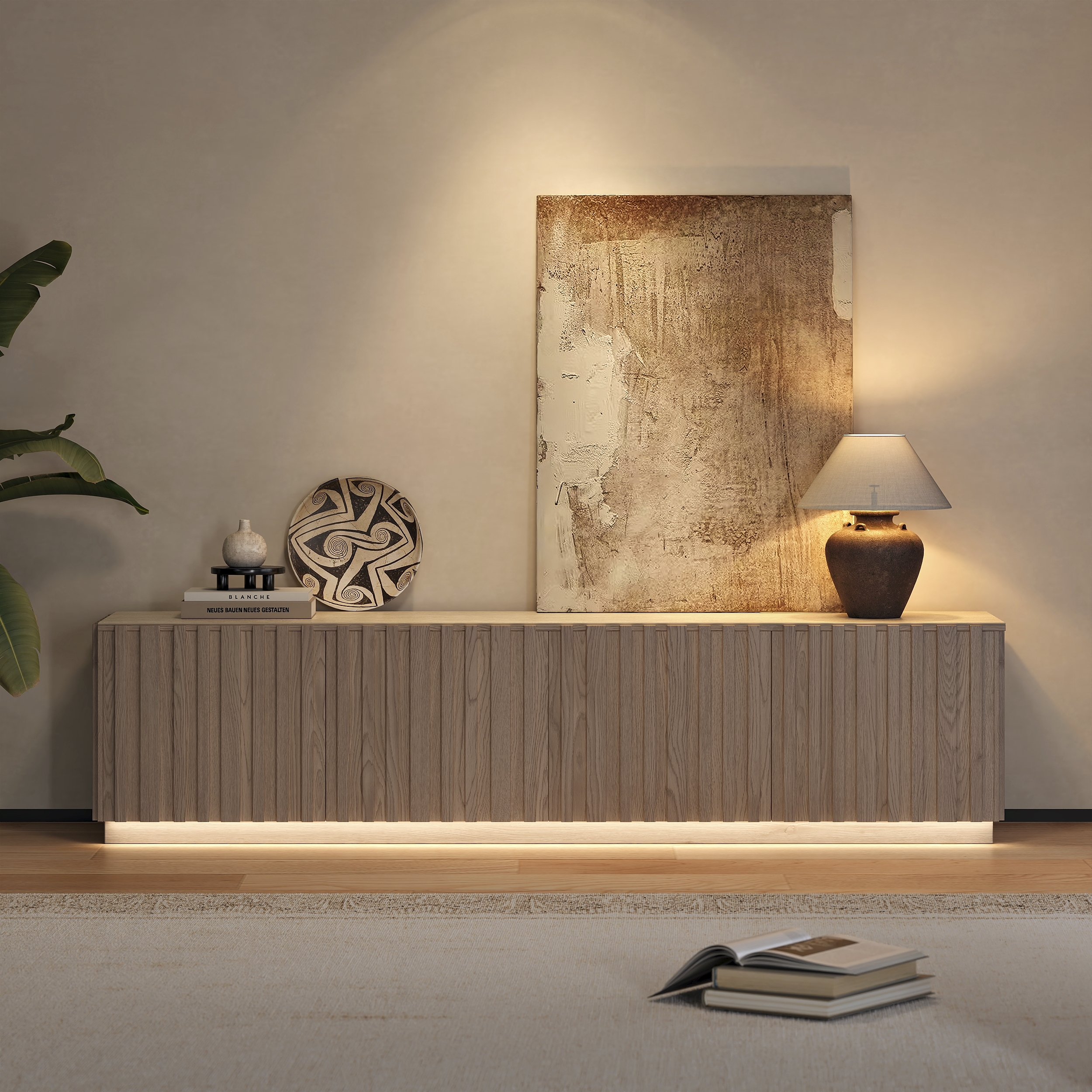 Aura 83" Mid-Century Modern Ash Wood Slatted Whitewash TV Stand with Travertine Veneer Top