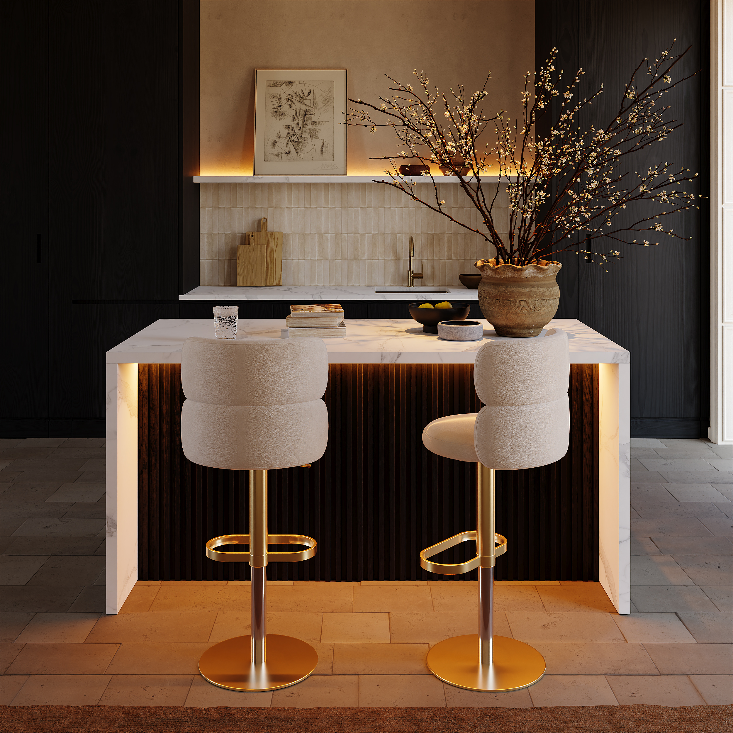 72" Waterfall Wood Kitchen lsland Fluted Panel Design with & Storage & LED Light