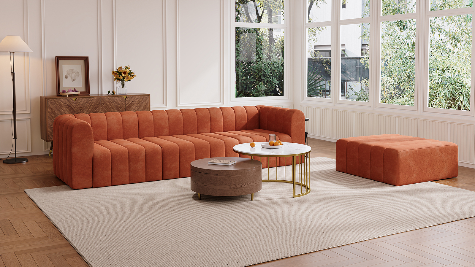 3020mm Orange Velvet Modular Pit Sectional Sofa Set Convertible 4