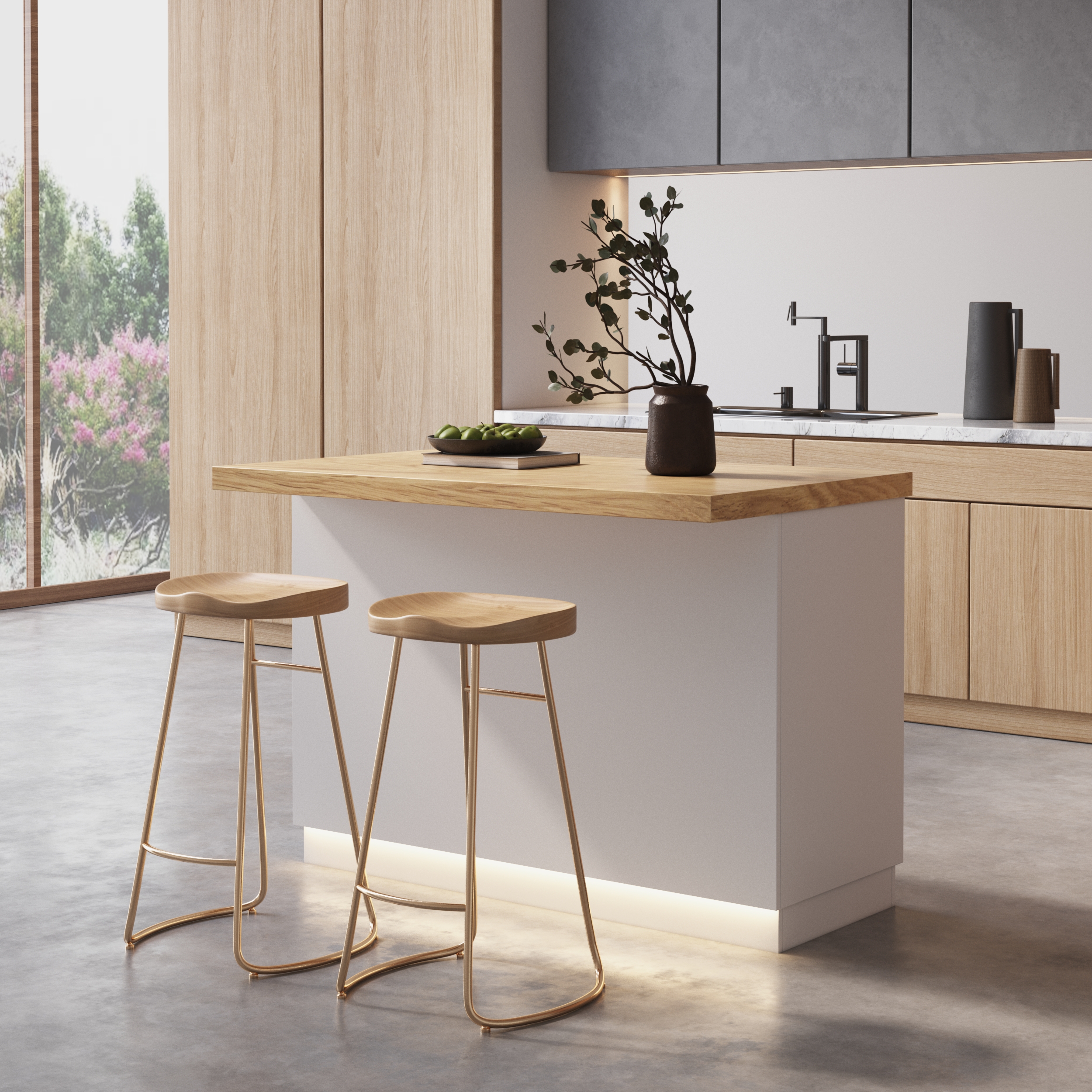 50" Kitchen lsland Wood with Storage & LED Light Natural & White Japandi Style Kitchen