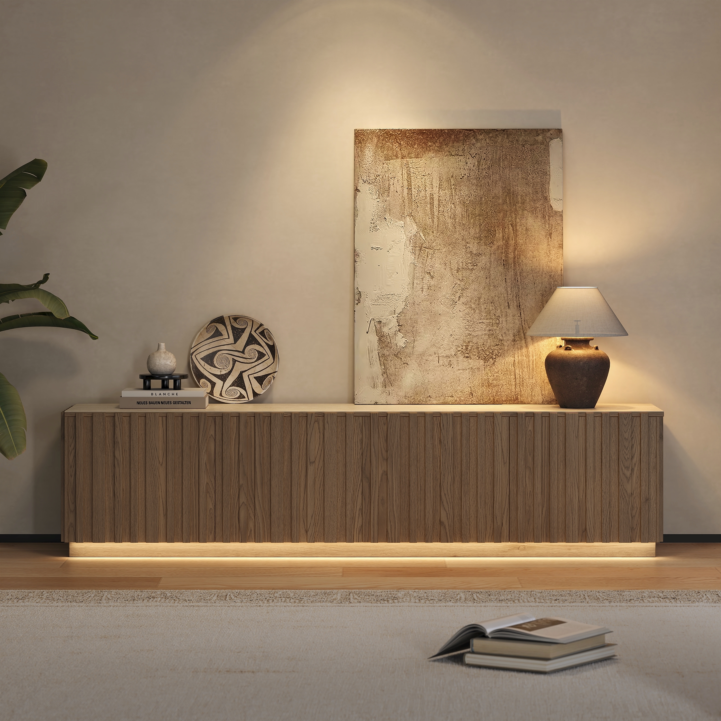 Aura 83" Mid-Century Modern Ash Wood Slatted Natural TV Stand with Travertine Veneer Top