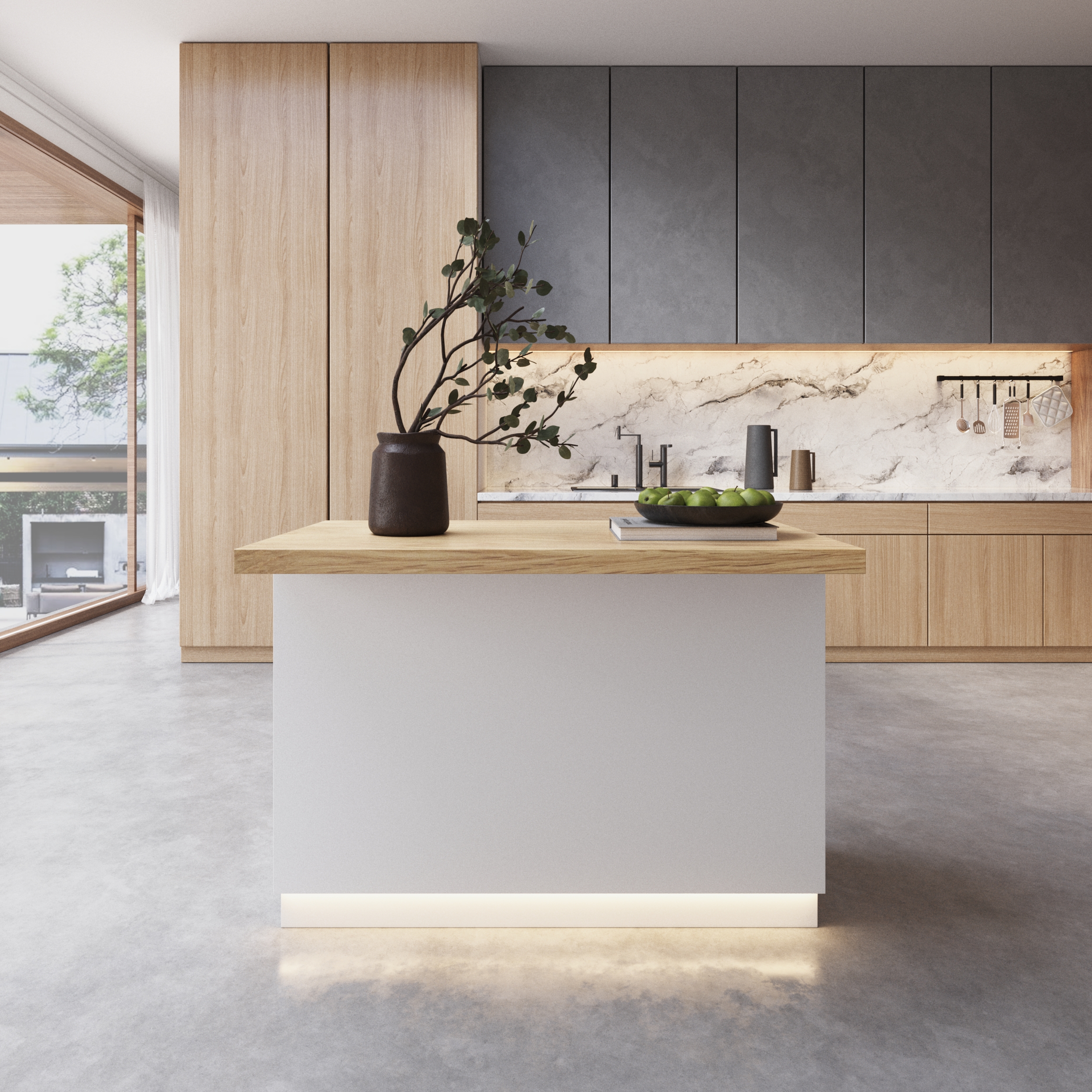 50" Kitchen lsland Wood with Storage & LED Light Natural & White Japandi Style Kitchen