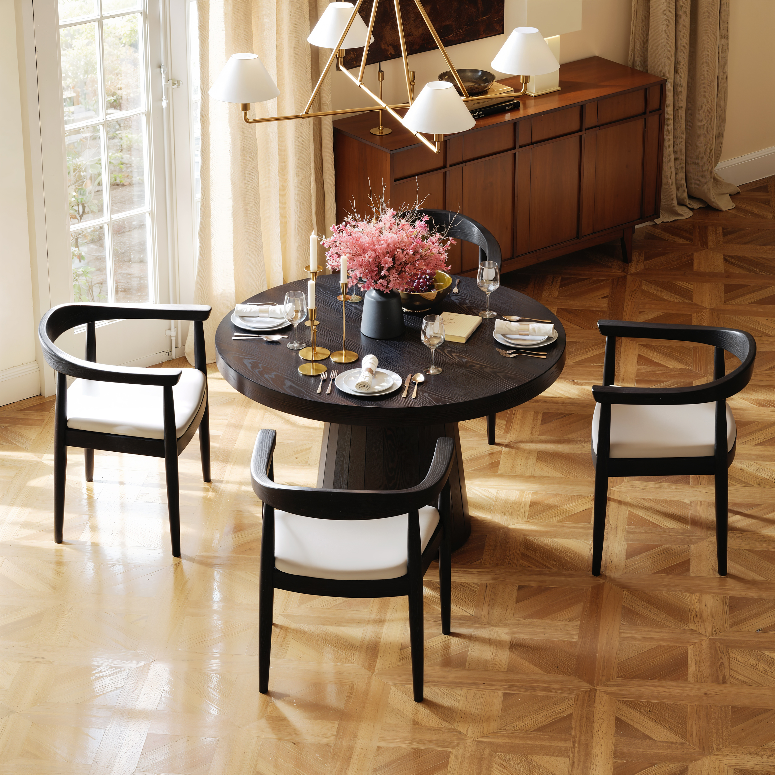 Japandi 39"-55" Extendable Dining Table for 6 Person Black Oval & Round Wood Table