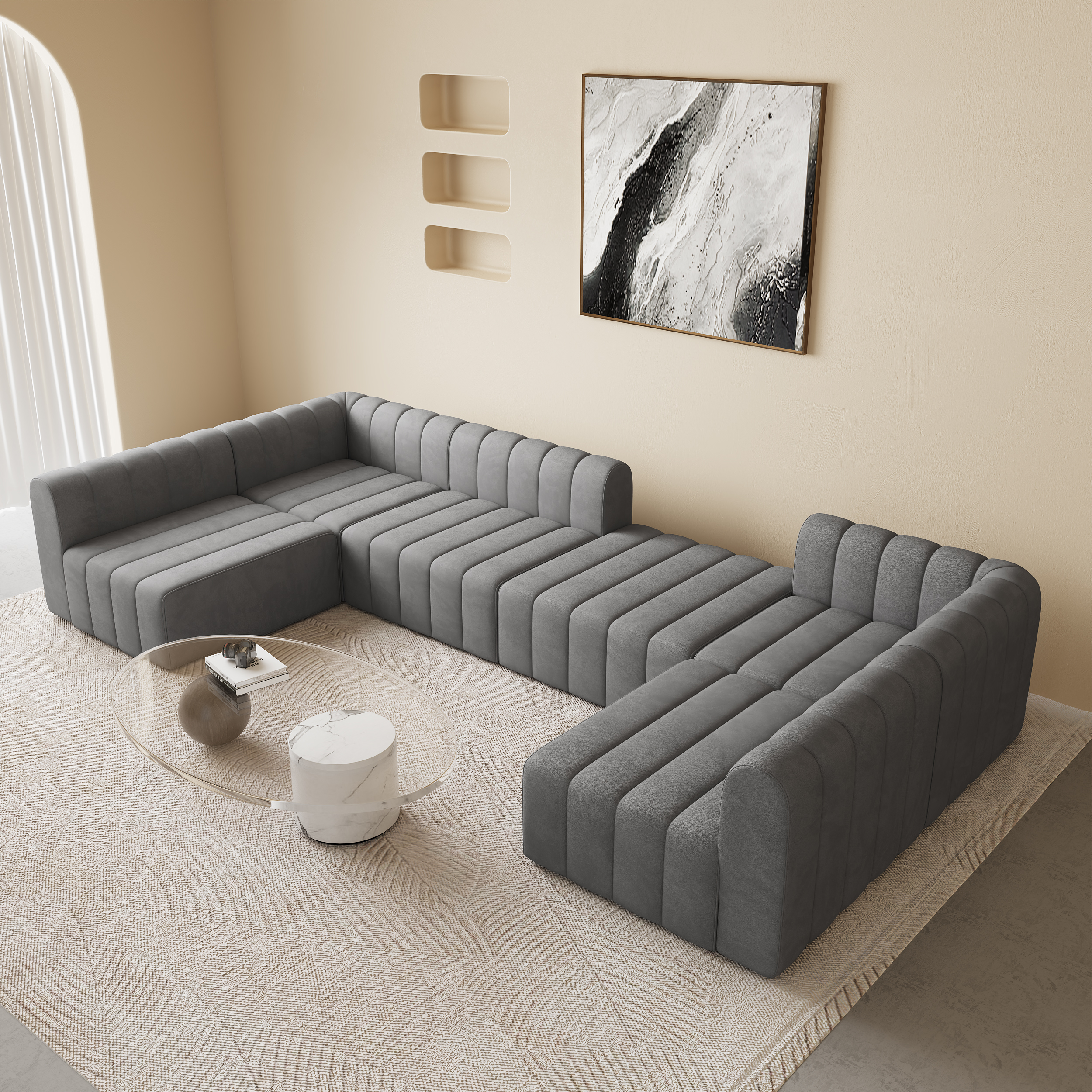 118.9'' Modern Gray Velvet Modular Pit Sectional Sofa Set Convertible 6-Seater Upholstered