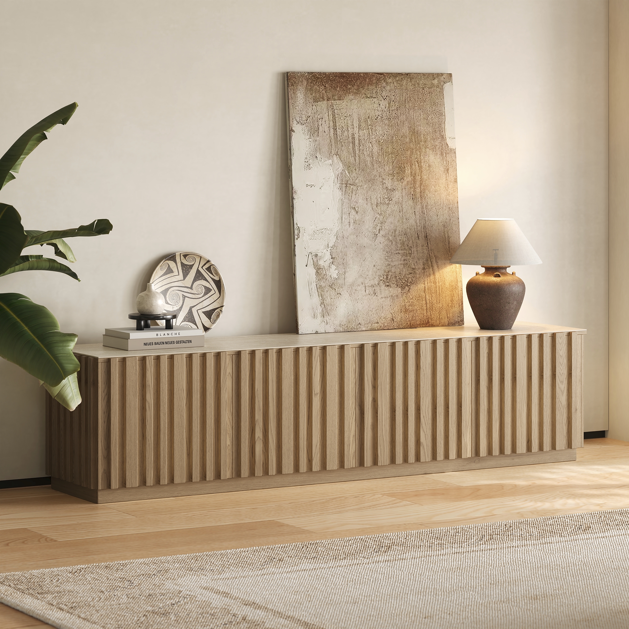 Aura 83" Mid-Century Modern Ash Wood Slatted Natural TV Stand with Travertine Veneer Top