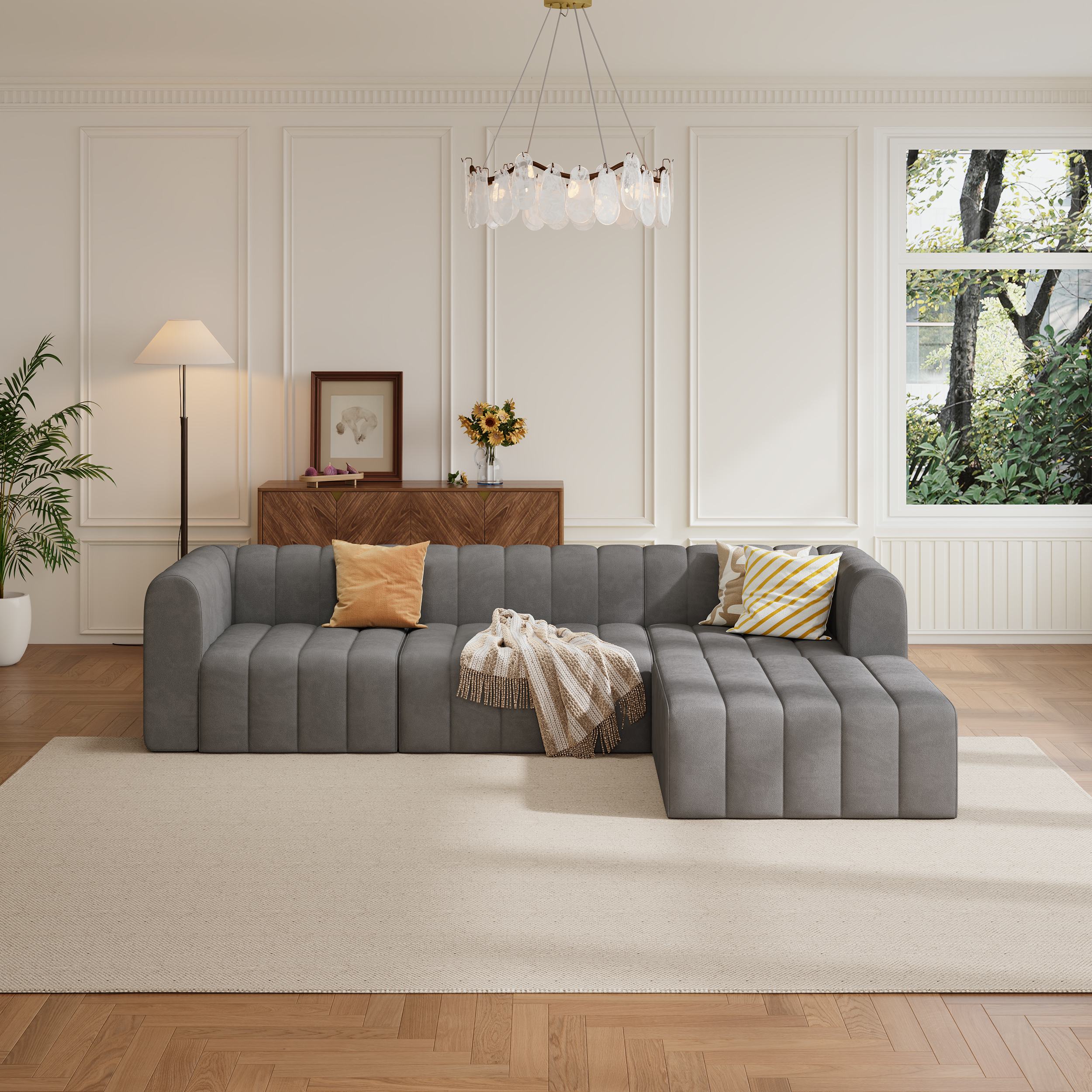 118.9'' Modern Gray Velvet Modular Pit Sectional Sofa Set Convertible 4-Piece Upholstered