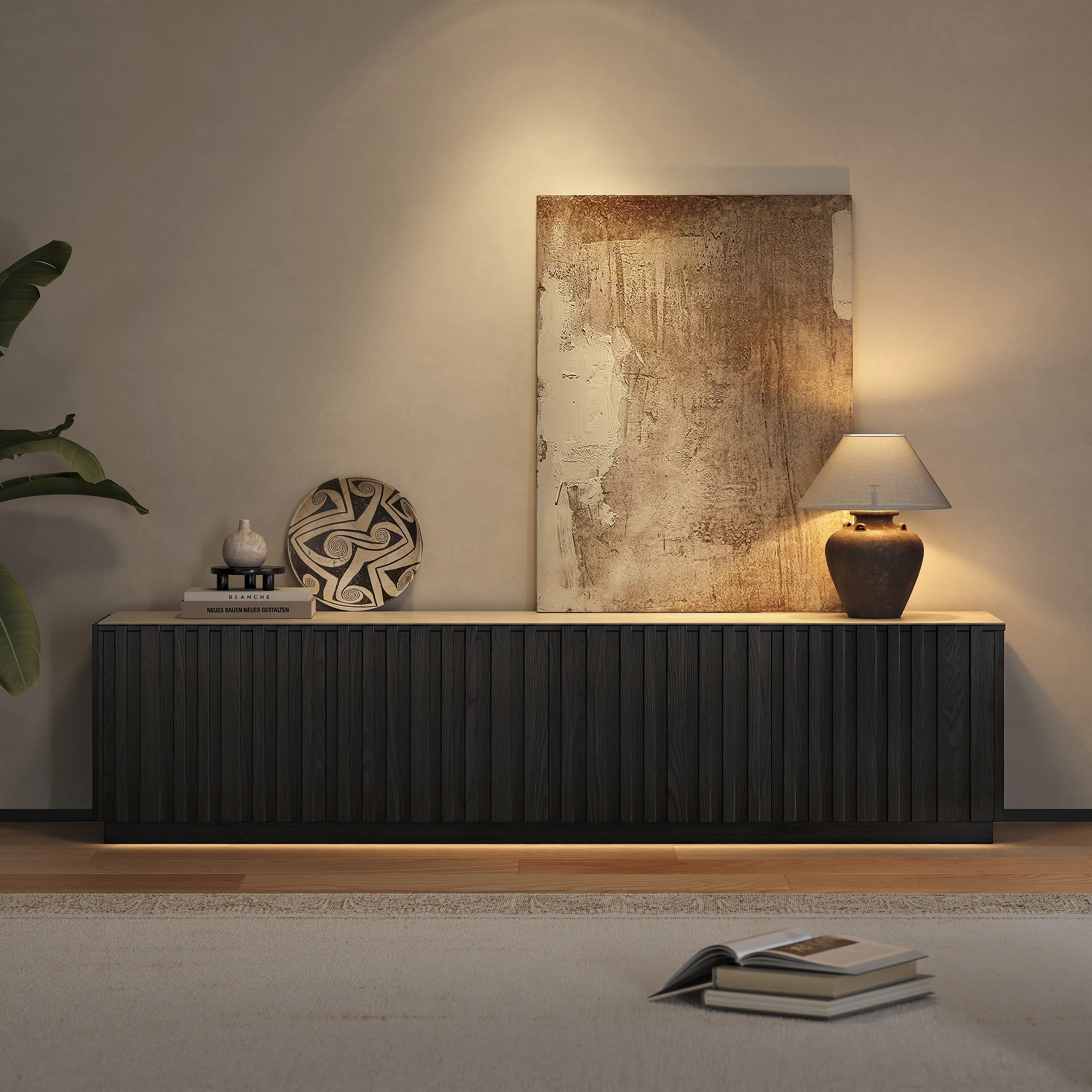 Aura 83" Mid-Century Modern Ash Wood Slatted Black TV Stand with Travertine Veneer Top