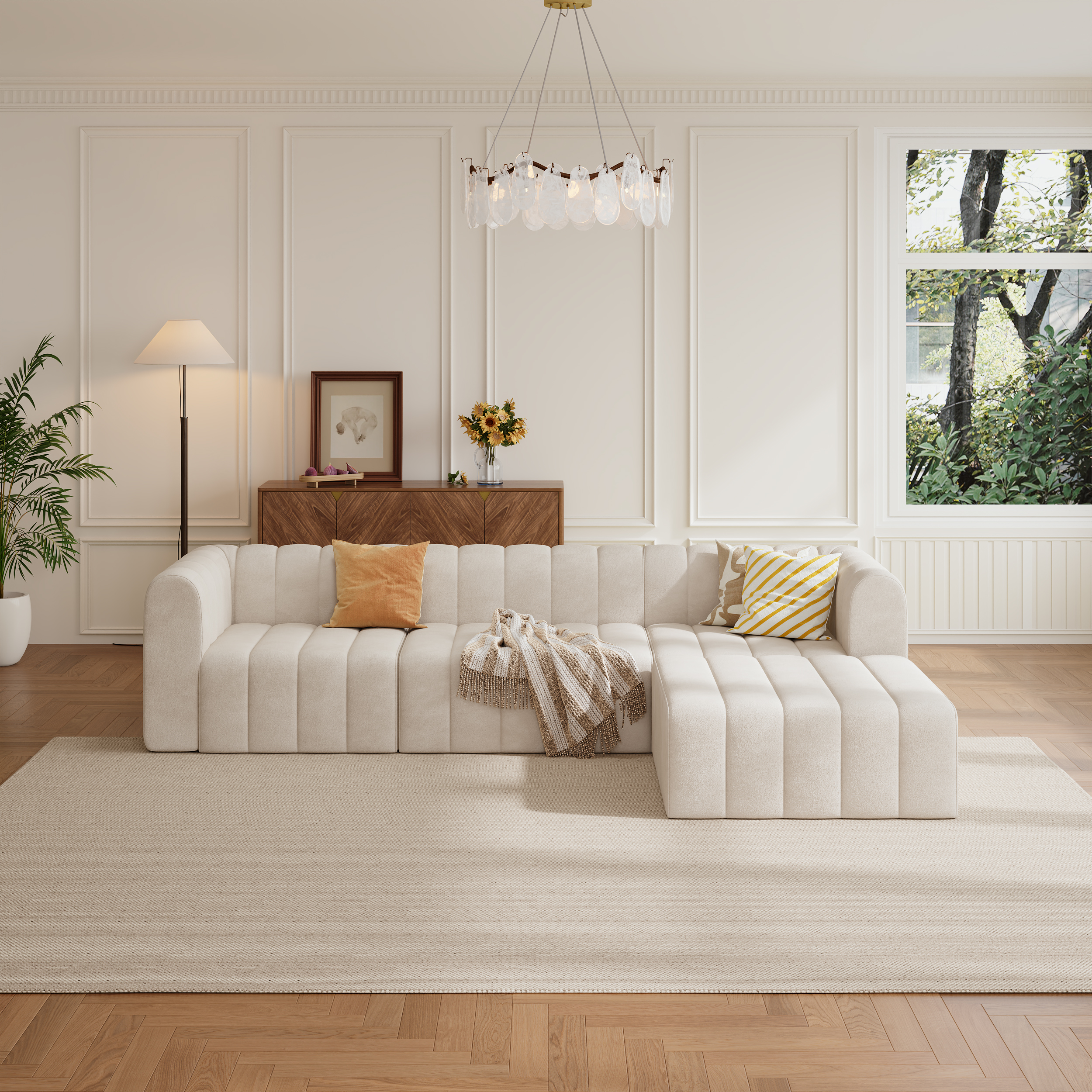 118.9'' Modern Off White Velvet Modular Pit Sectional Sofa Set Convertible 4-Piece