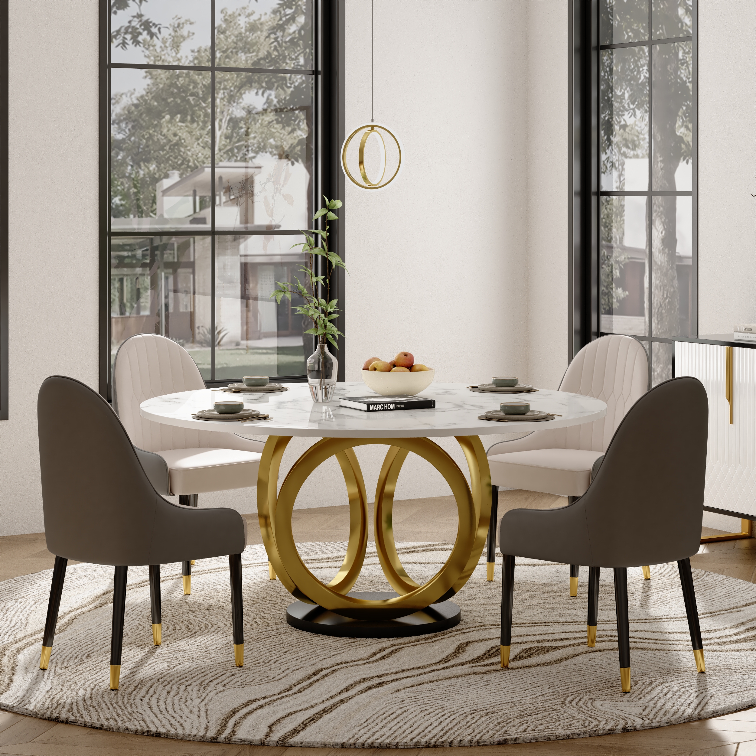 53.1" Round Dining Table Faux Marble Top Gold & Black Pedestal for 6 Person Modern White