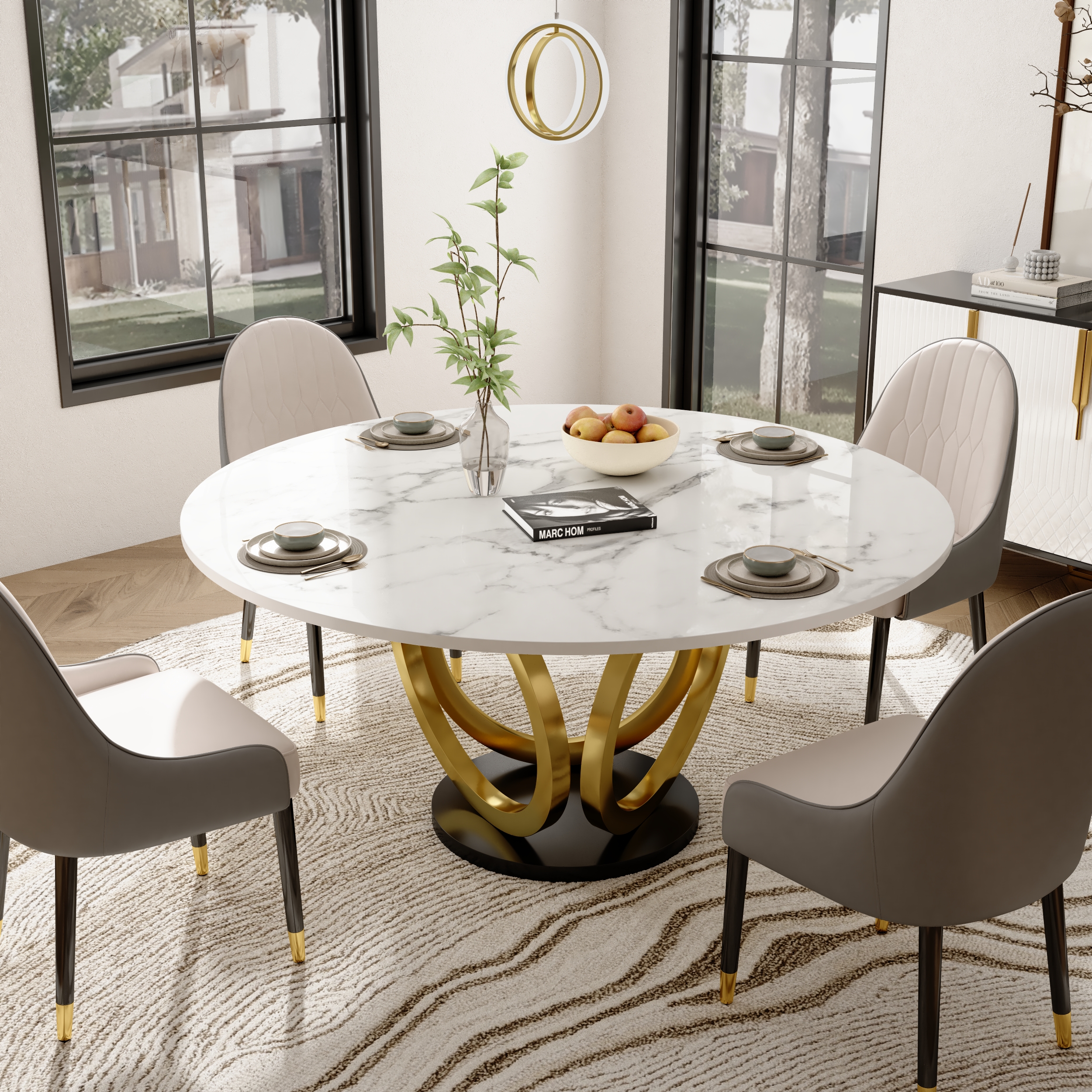 53.1" Round Dining Table Faux Marble Top Gold & Black Pedestal for 6 Person Modern White
