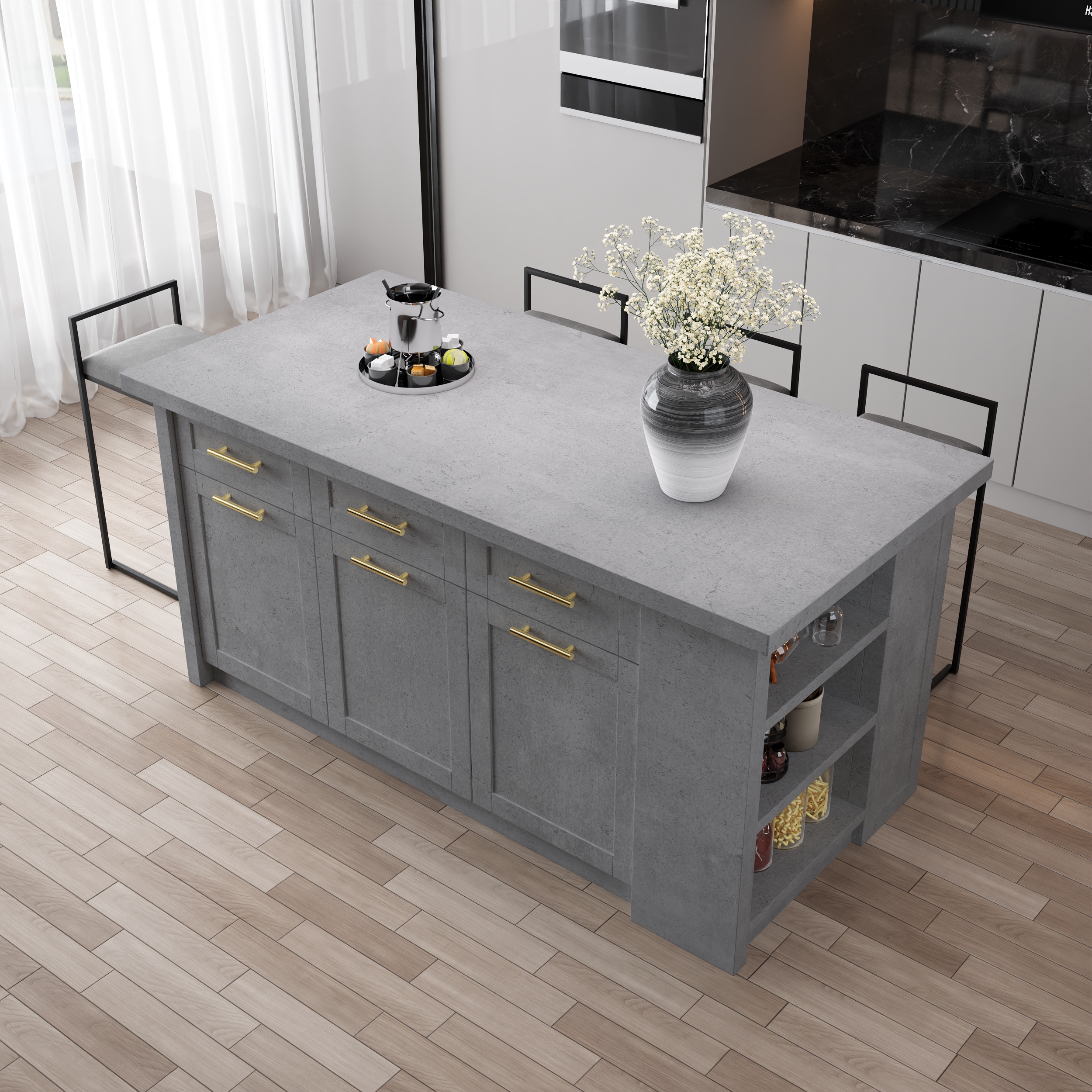 70.9" Kitchen Islands with Multi-Storage Gray Modern Kitchen Cabinet