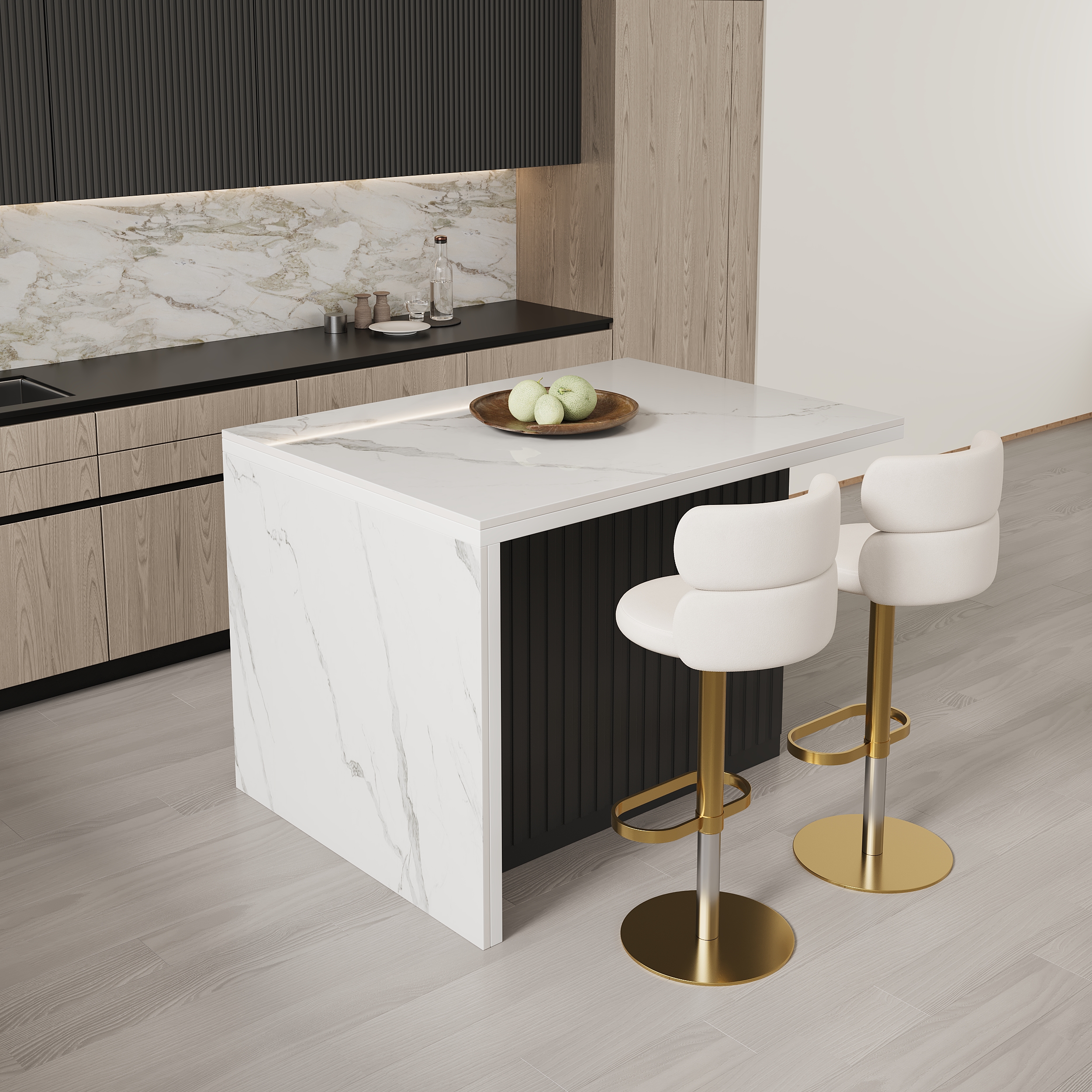 50" Modern Kitchen Island Laminate & 2 Counter Stools Set Storage Cabinet