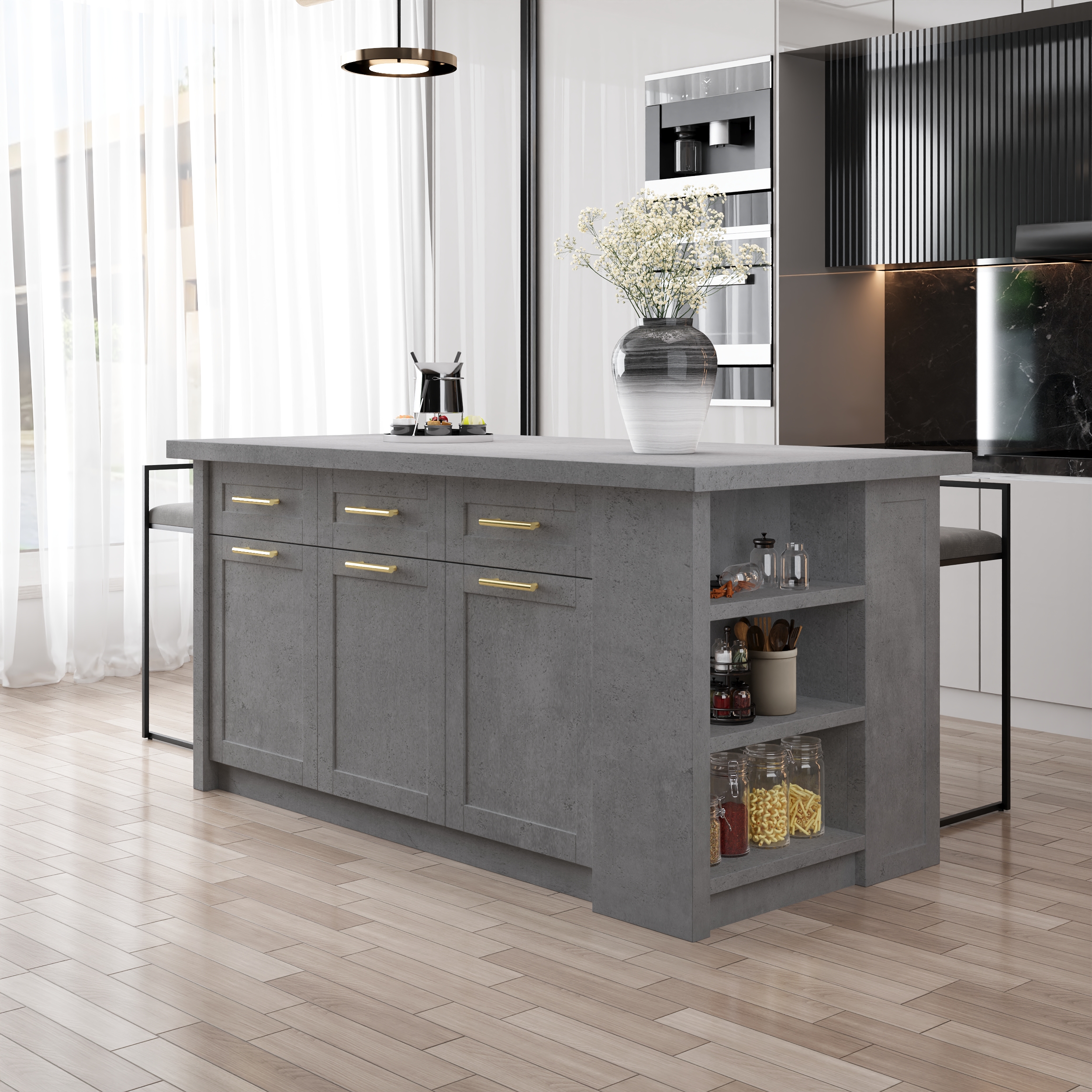 70.9" Kitchen Islands with Multi-Storage Gray Modern Kitchen Cabinet
