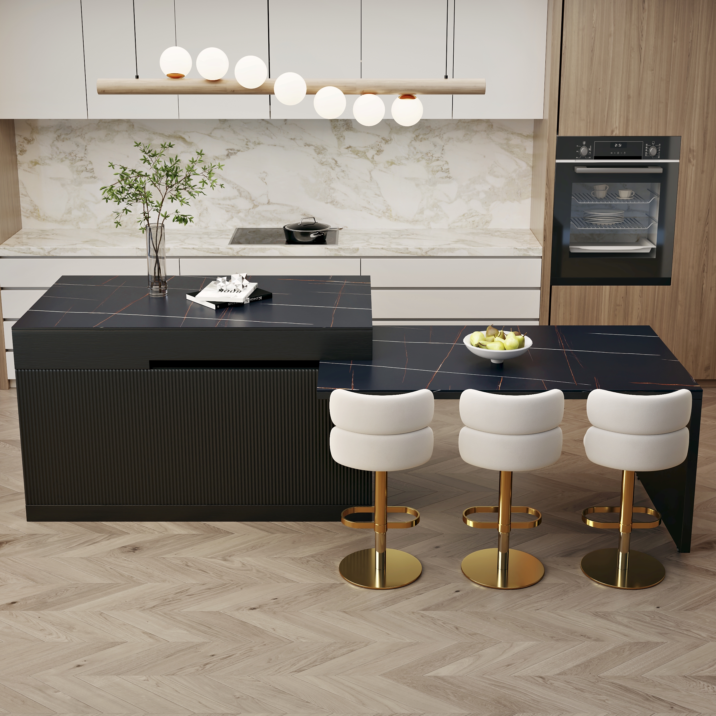 205 - 270 cm Extendable Black Kitchen lsland with Doors&Drawers Marble Pattern Top