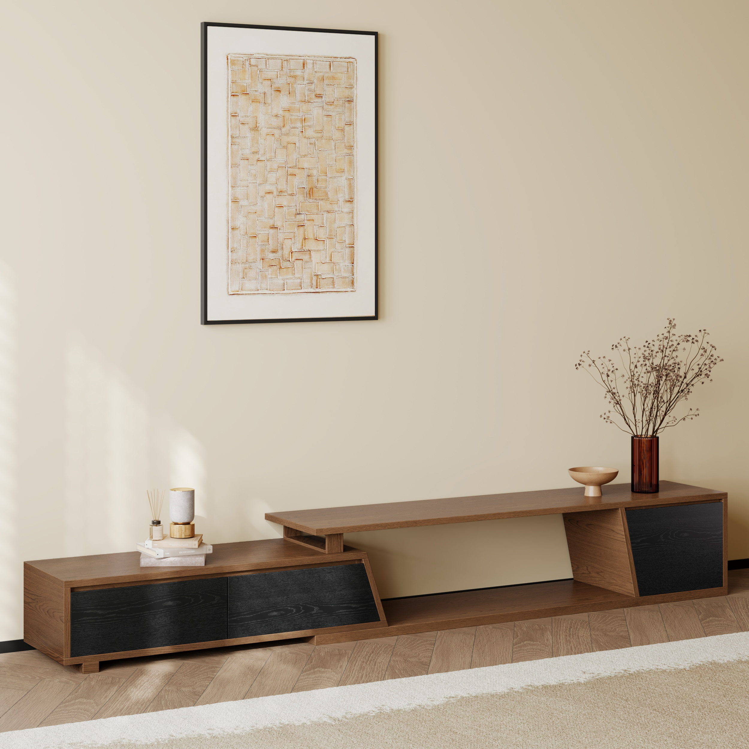 Fero Minimalist Black & Walnut Rectangle Extendable TV Stand with 3 Drawers Up to 120"