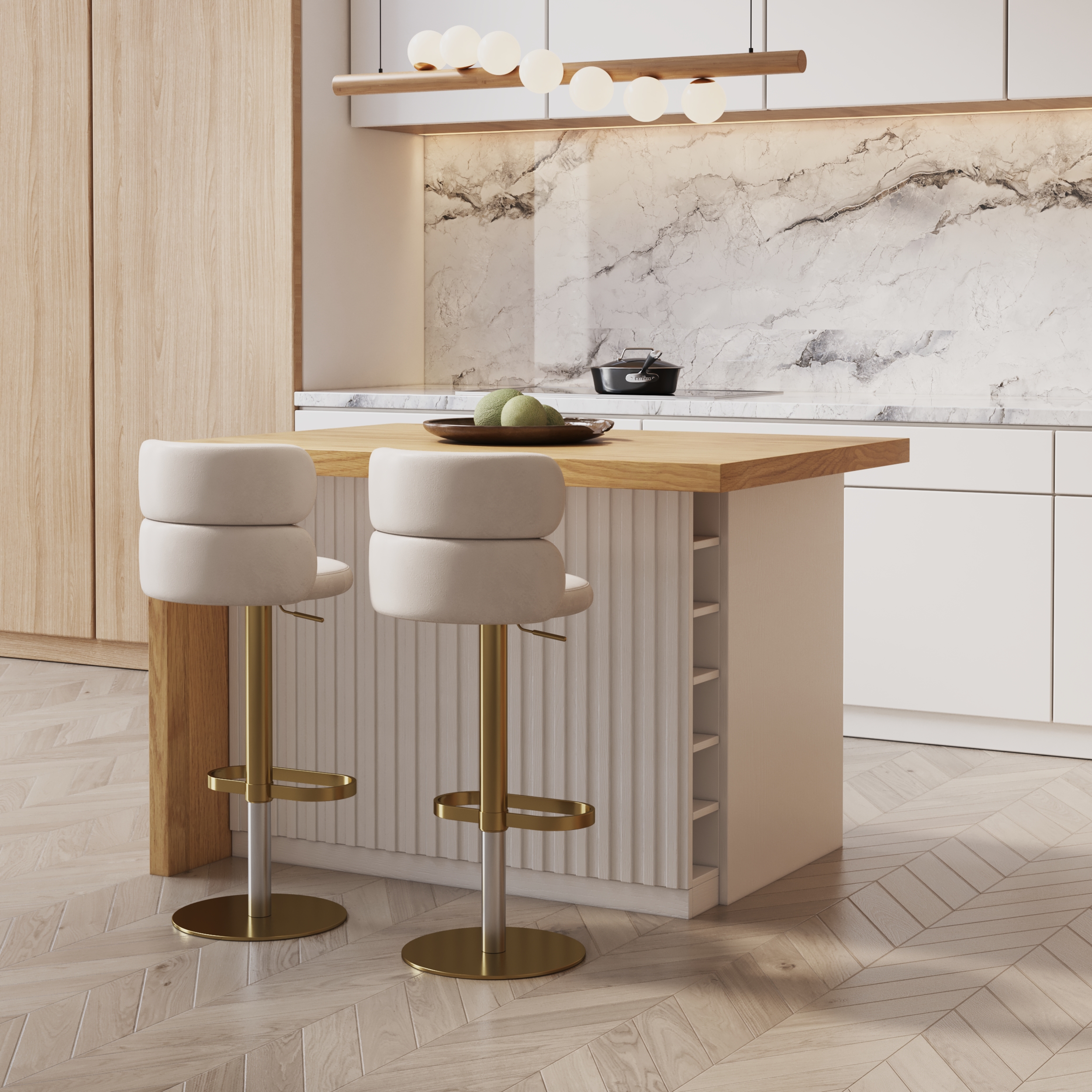 50" Large Kitchen Island Marble Veneered Top with Storage White & Natural Kitchen Cabinet