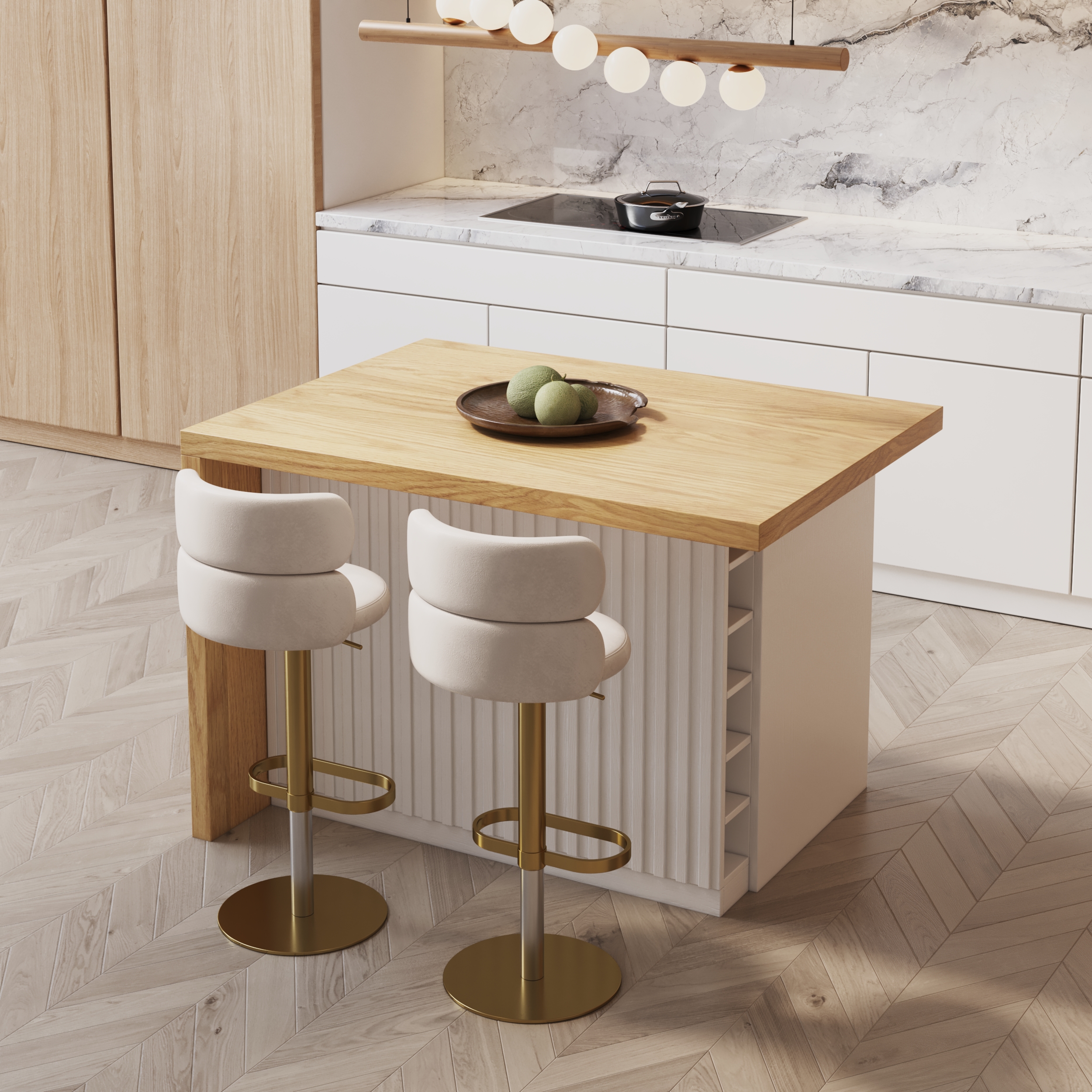 50" Large Kitchen Island Marble Veneered Top with Storage White & Natural Kitchen Cabinet