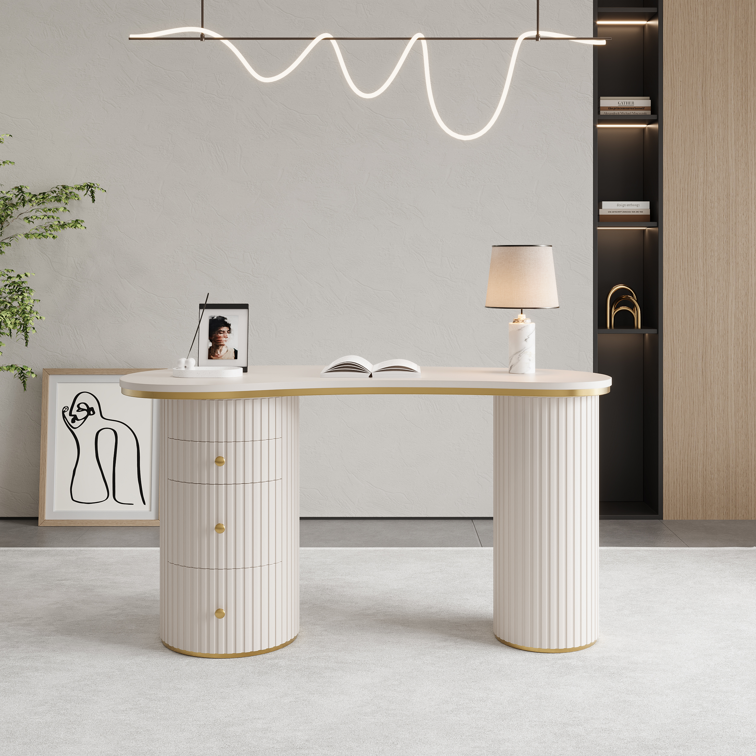 55.1" Modern Off-White Curved Desk 3-Drawer Wooden Home Office Desk Double Pedestal