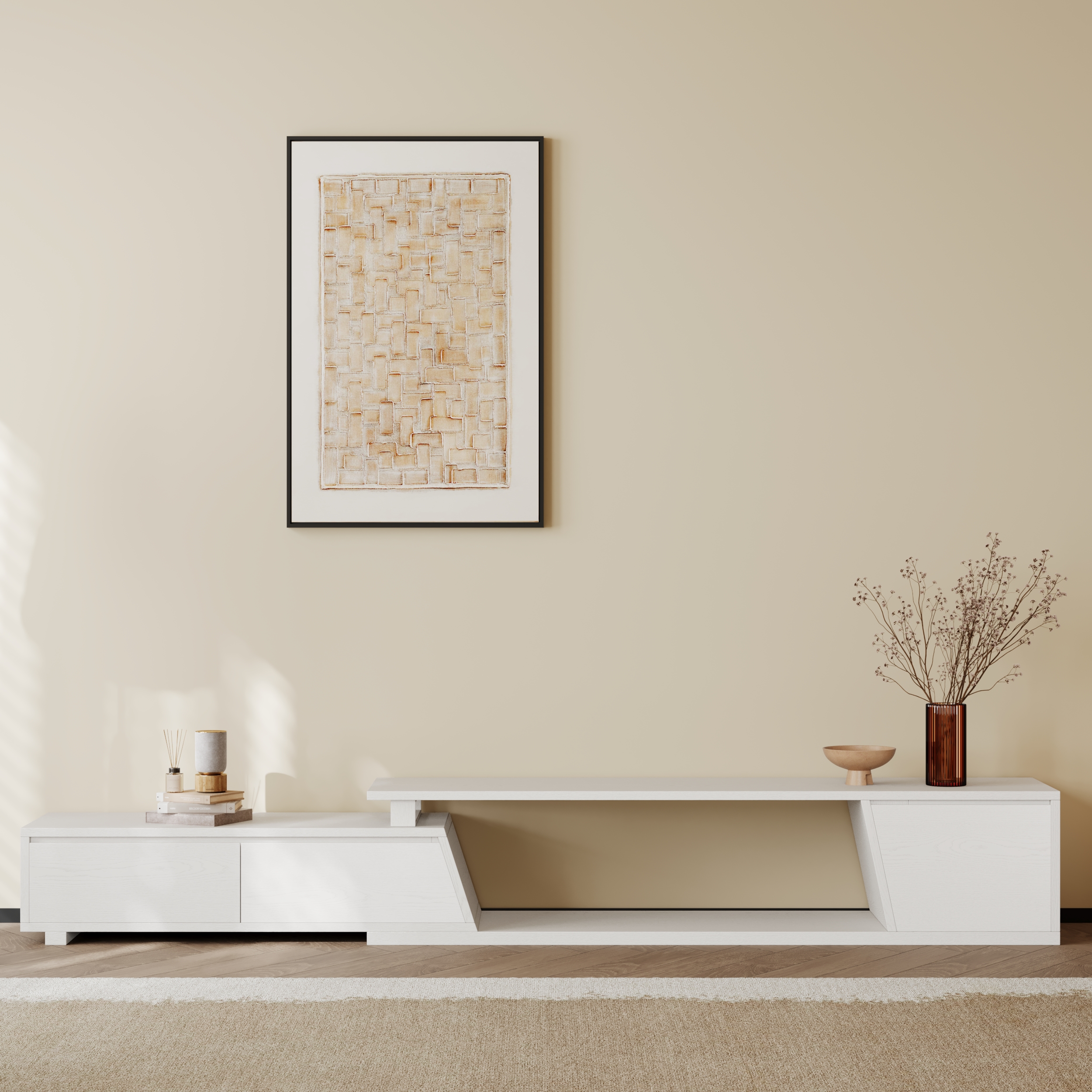 Fero Minimalist White Rectangle Extendable TV Stand with 3 Drawers Up to 120"