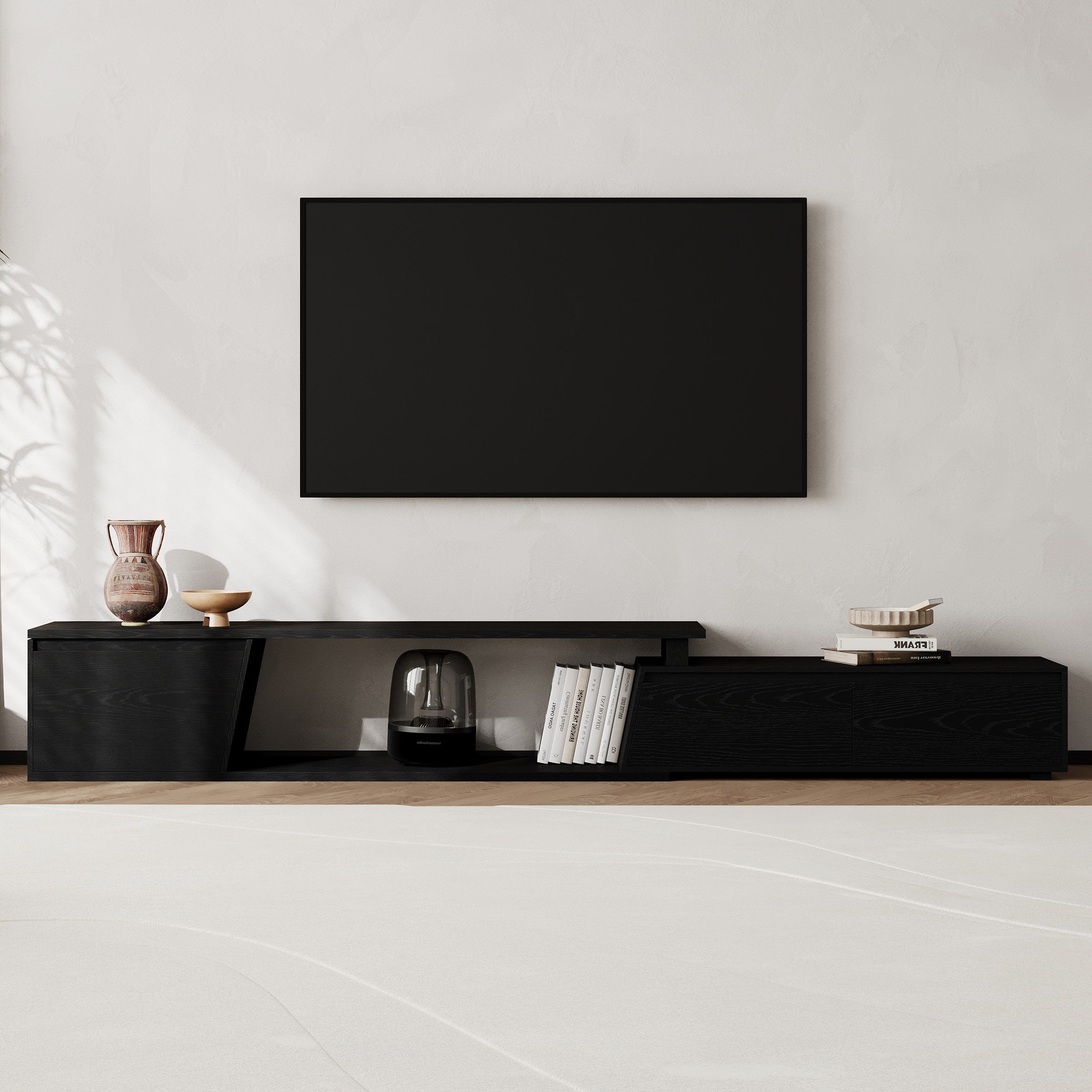 Fero Minimalist Black Rectangle Reversible Extendable TV Stand with 3 Drawers Up to 120"