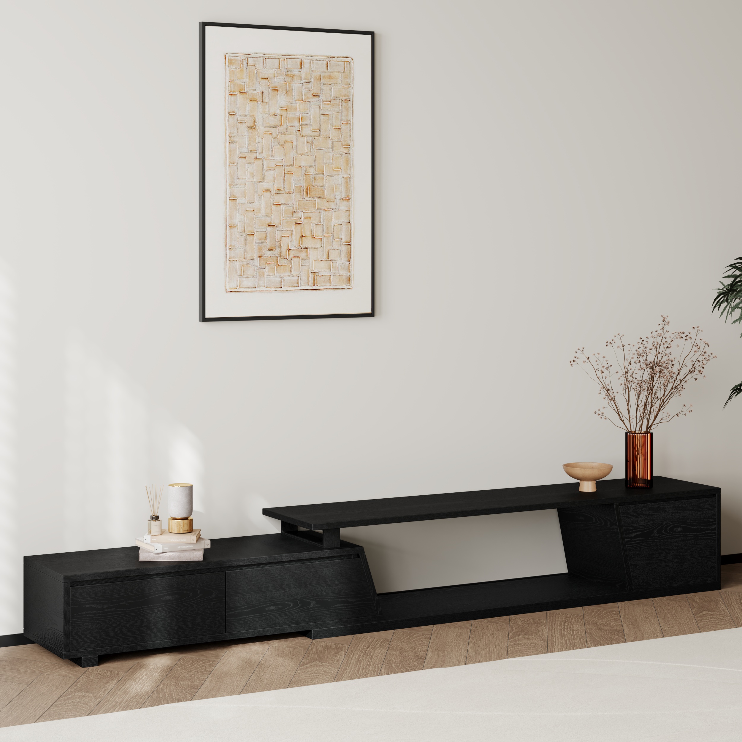 Fero Minimalist Black Rectangle Extendable TV Stand with 3 Drawers Up to 120"