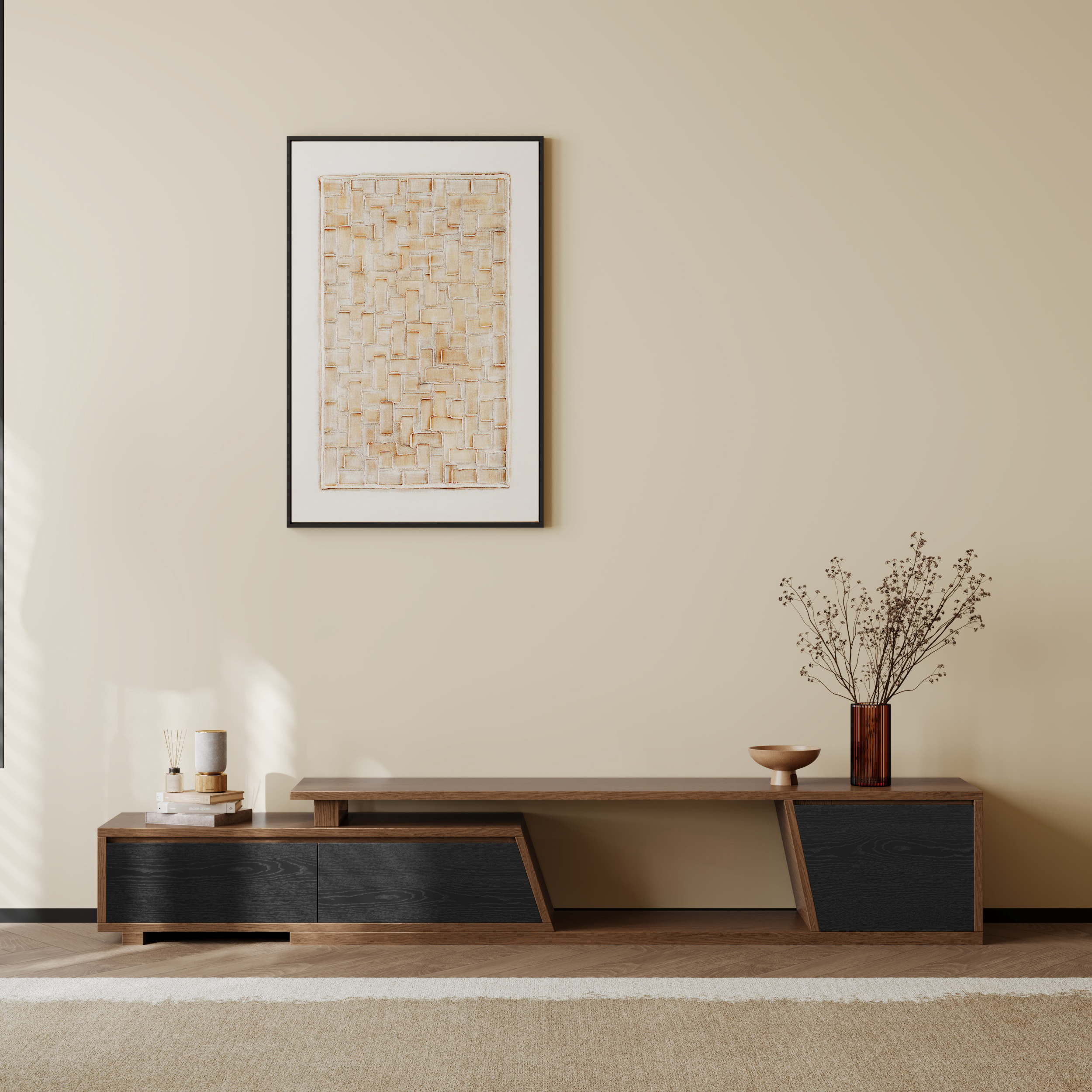 Fero Minimalist Black & Walnut Rectangle Extendable TV Stand with 3 Drawers Up to 120"