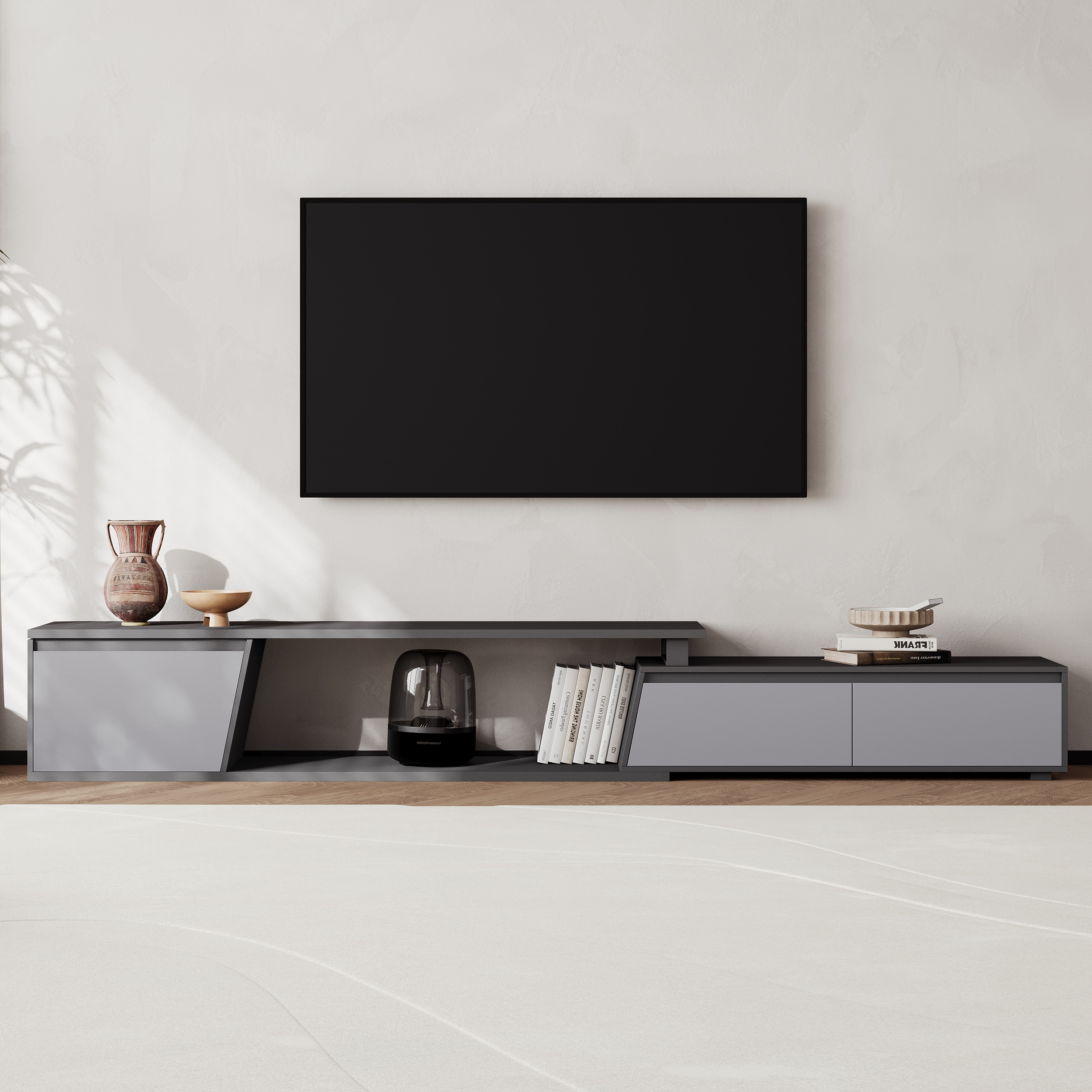 Fero Minimalist Gray Rectangle Reversible Extendable TV Stand with 3 Drawers Up to 120"