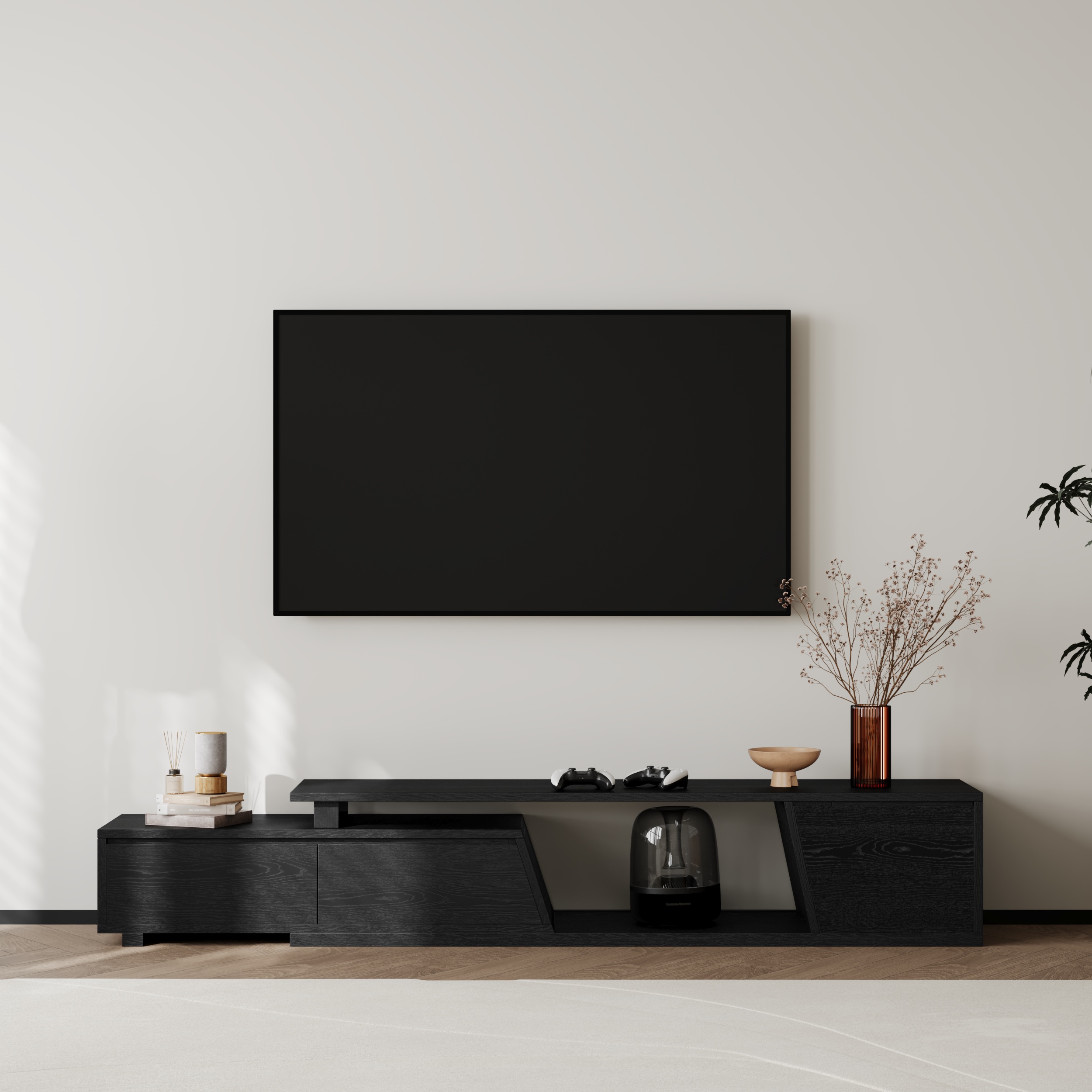 Fero Minimalist Black Rectangle Extendable TV Stand with 3 Drawers Up to 120"