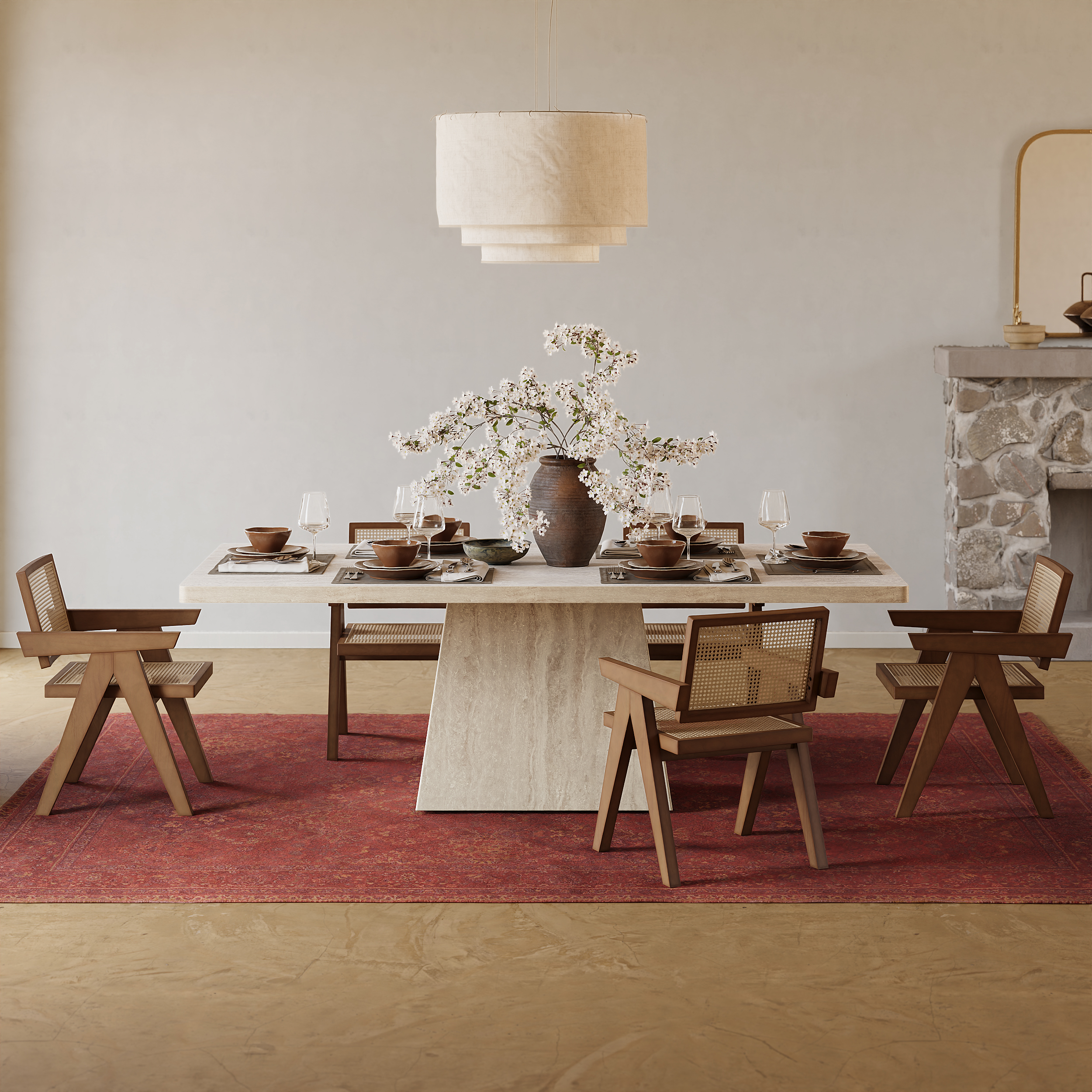 Dining Set 79" Faux Travertine Dining Table with 6 Chairs