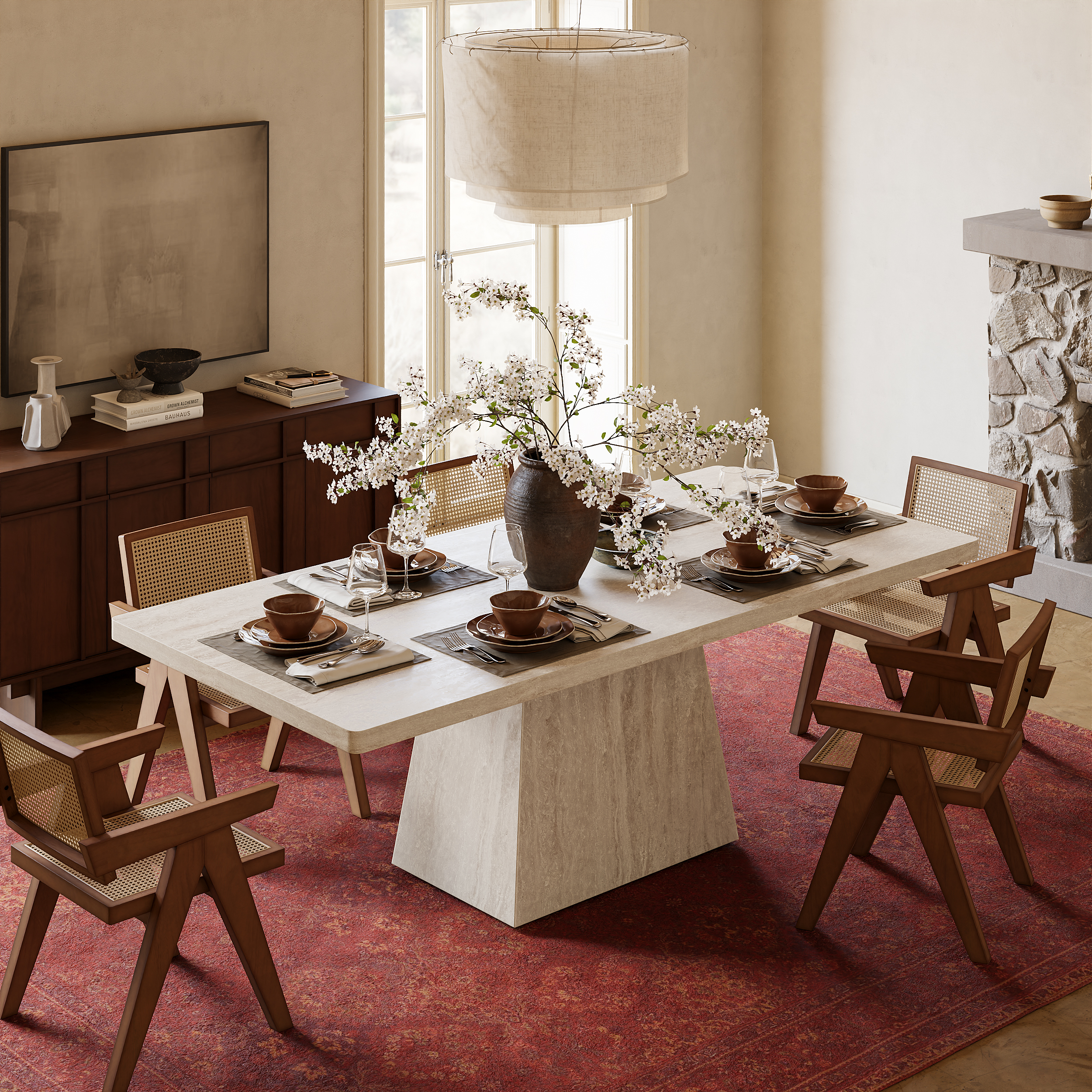 Dining Set 79" Faux Travertine Dining Table with 6 Chairs