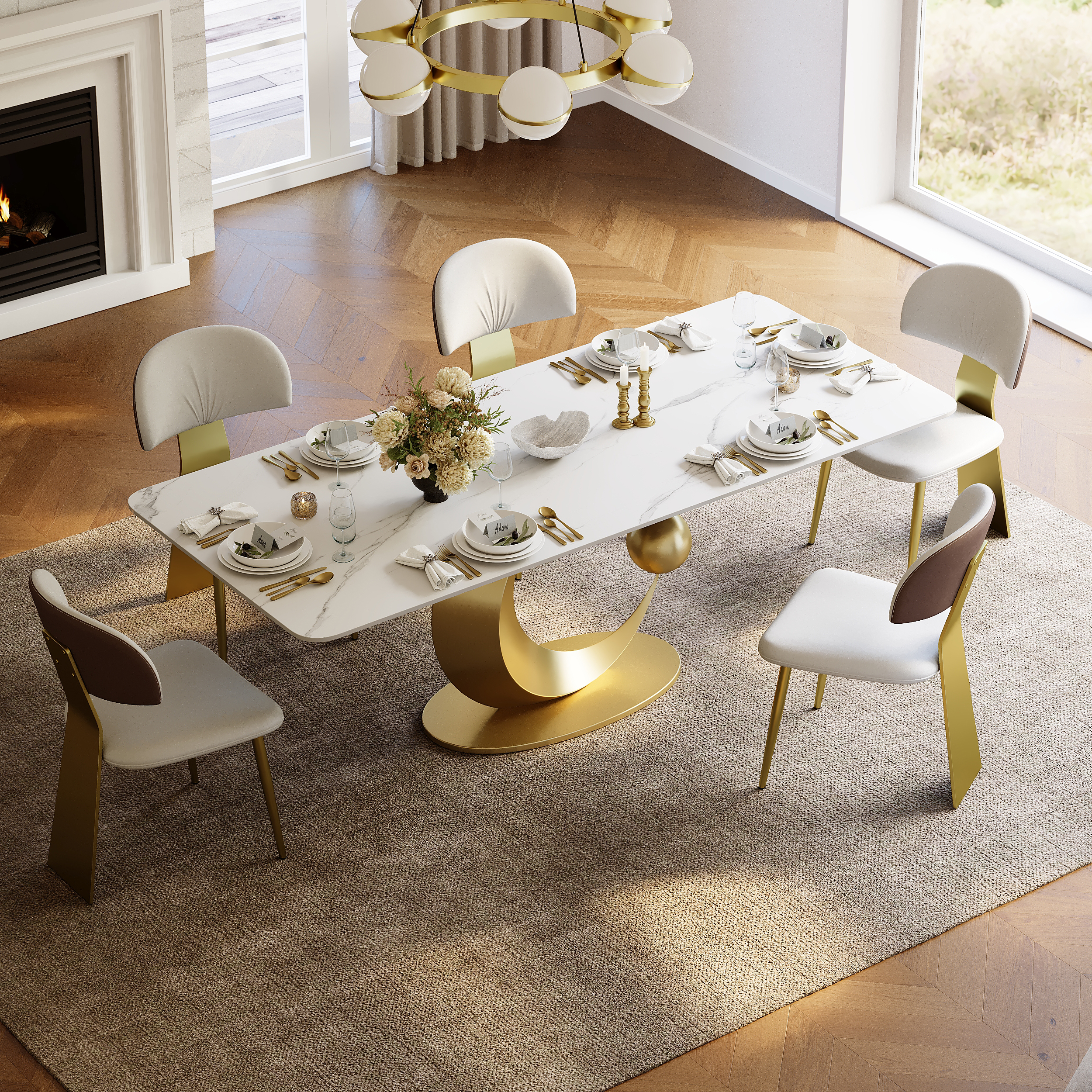 Dining Set 71.3" Sintered Stone Dining Table with 6 Chairs
