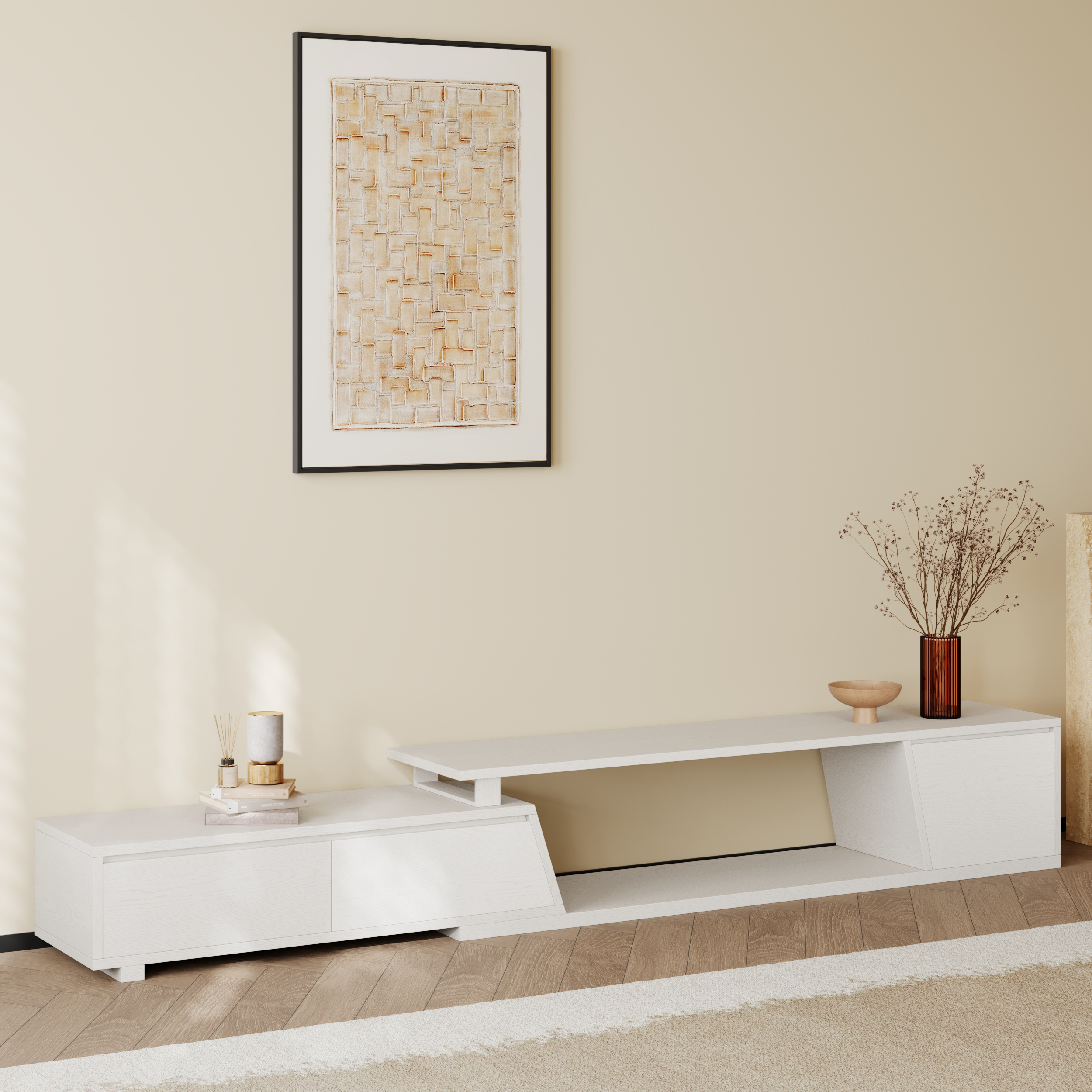 Fero Minimalist White Rectangle Extendable TV Stand with 3 Drawers Up to 120"