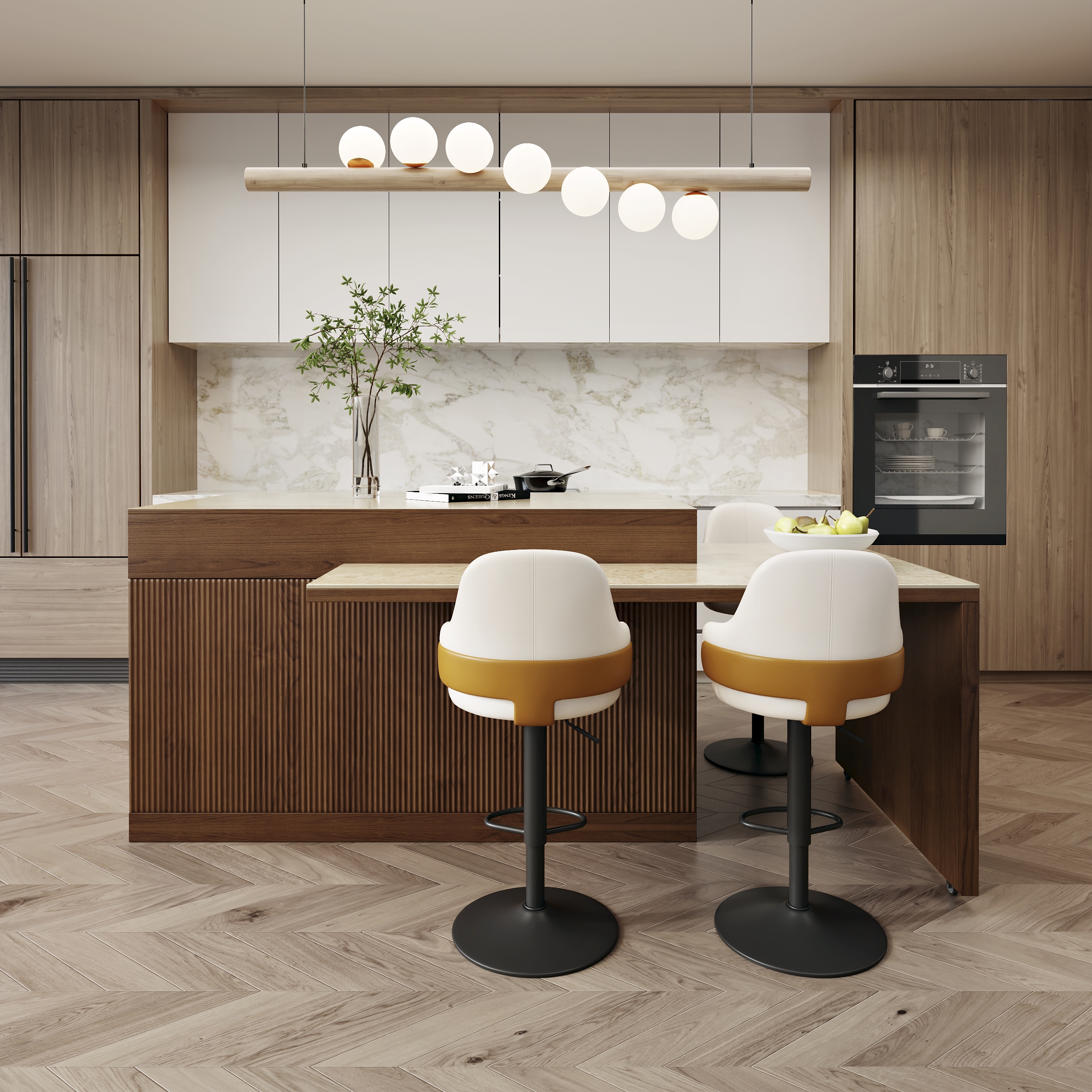 81"-106" Extendable Sintered Stone Kitchen lsland Walnut Modern with Doors and Drawers
