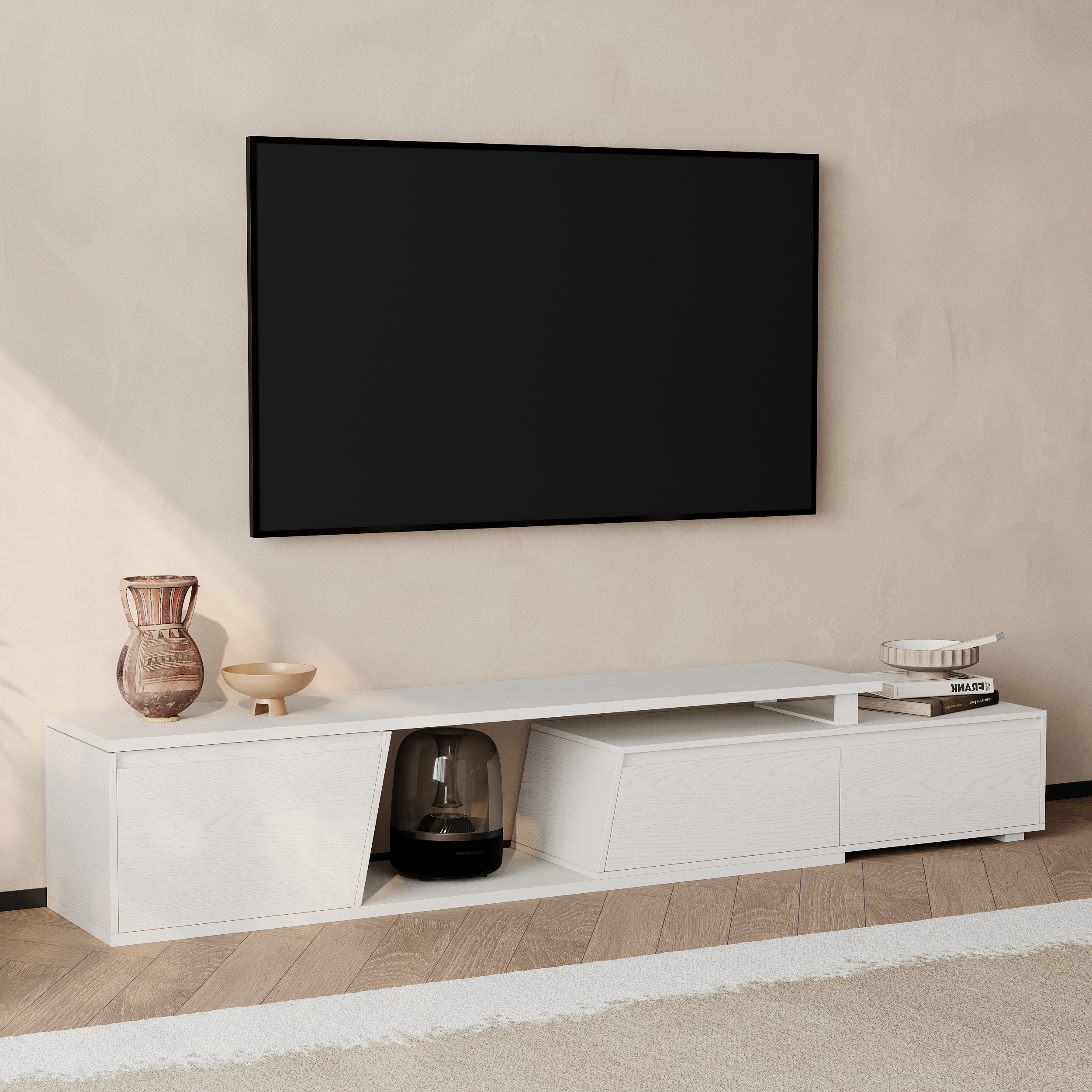 Fero Minimalist White Rectangle Reversible Extendable TV Stand with 3 Drawers Up to 120"