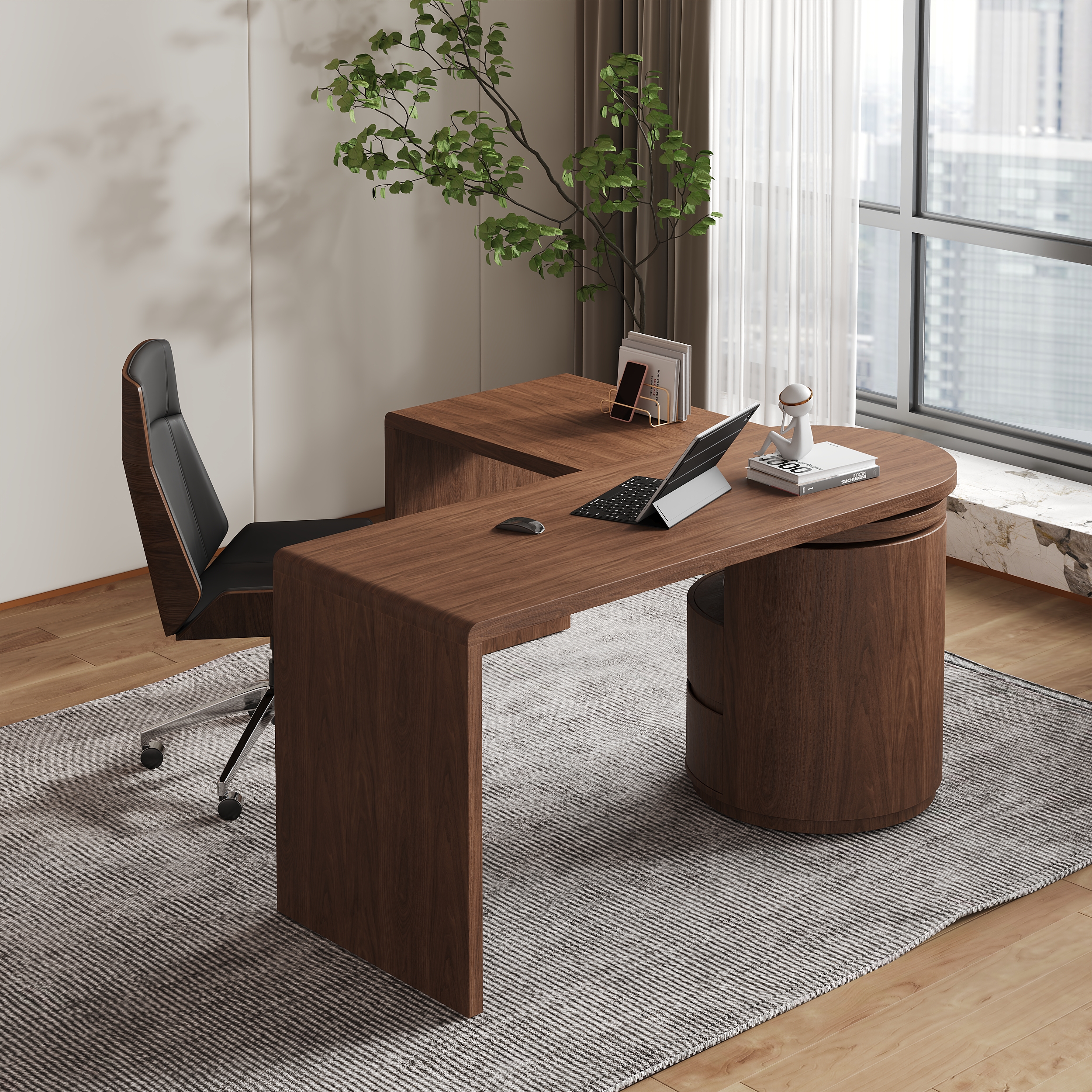 Modern L Shaped Rotating Walnut Executive Office Desk with Drawers Office Furniture