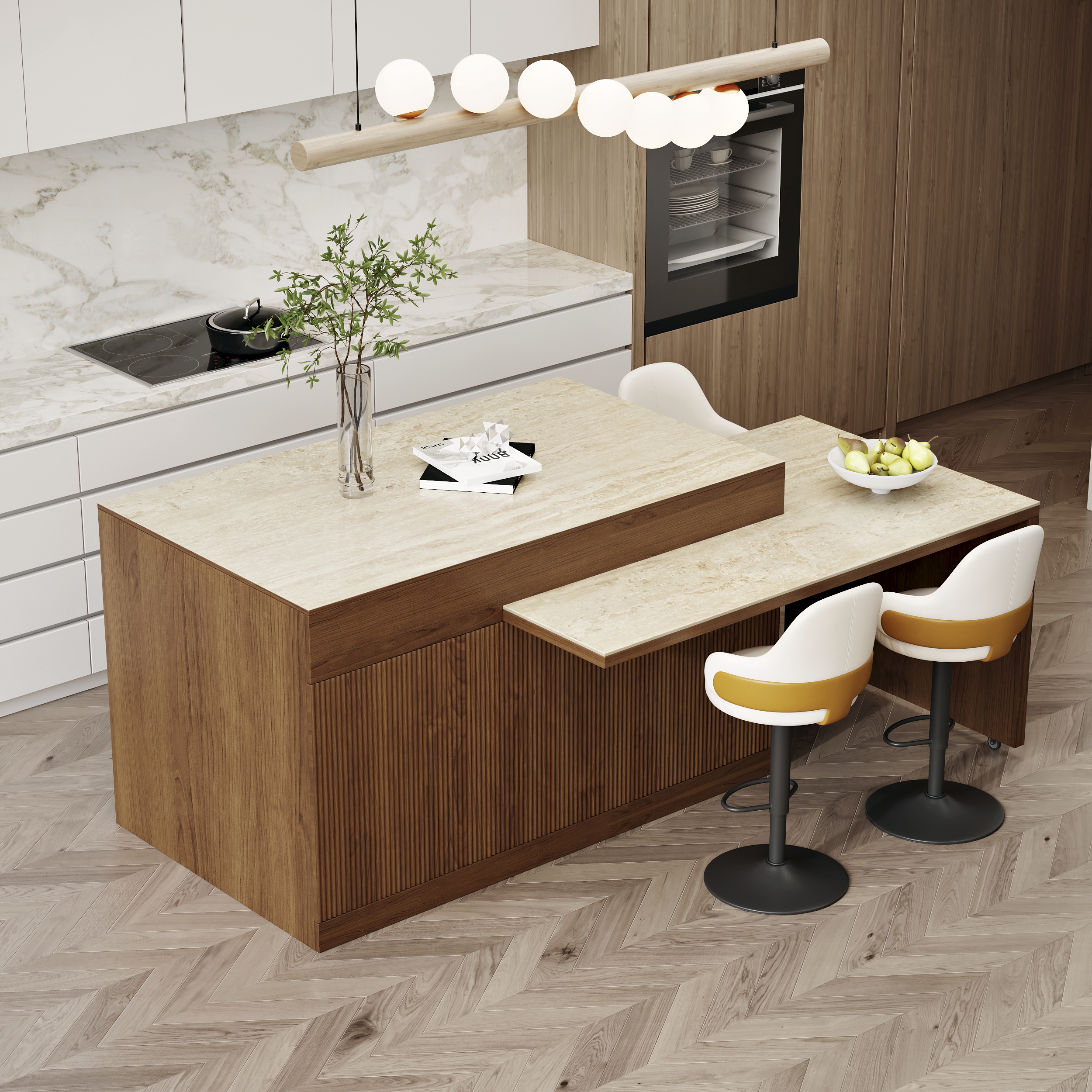 81"-106" Extendable Sintered Stone Kitchen lsland Walnut Modern with Doors and Drawers