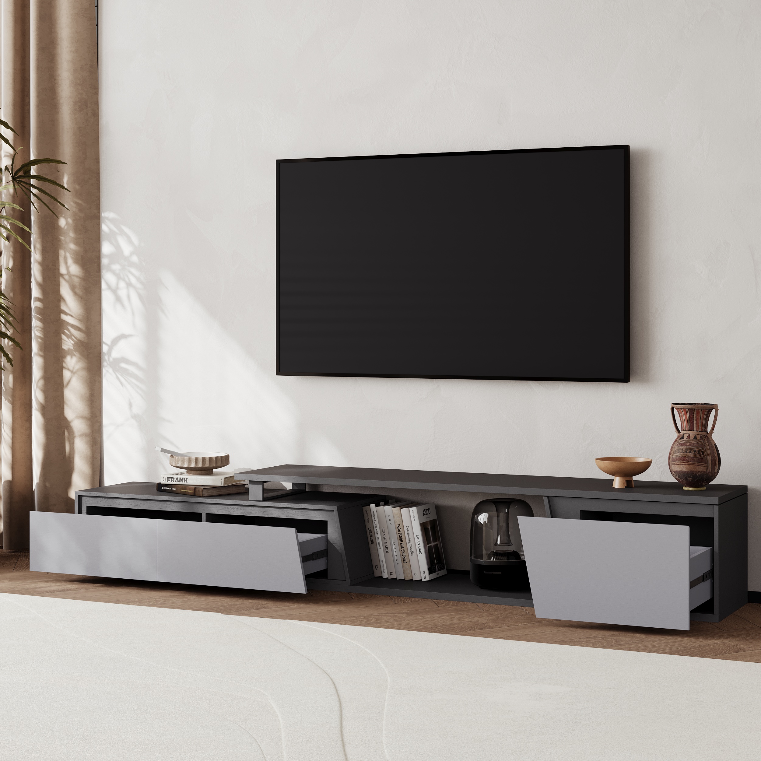Fero Minimalist Gray Rectangle Reversible Extendable TV Stand with 3 Drawers Up to 120"