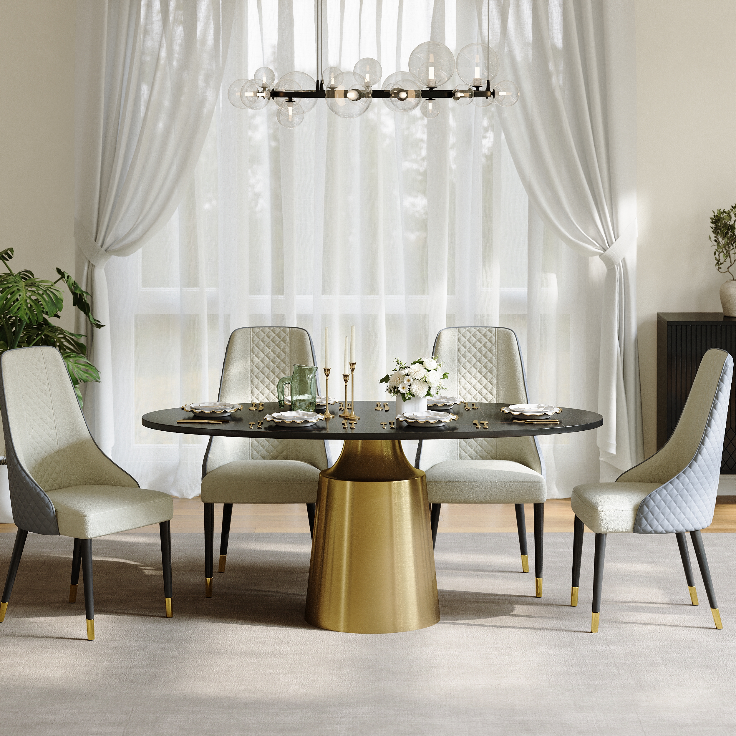 Dining Set 63" Oval Sintered Stone Dining Table with 4 Chairs