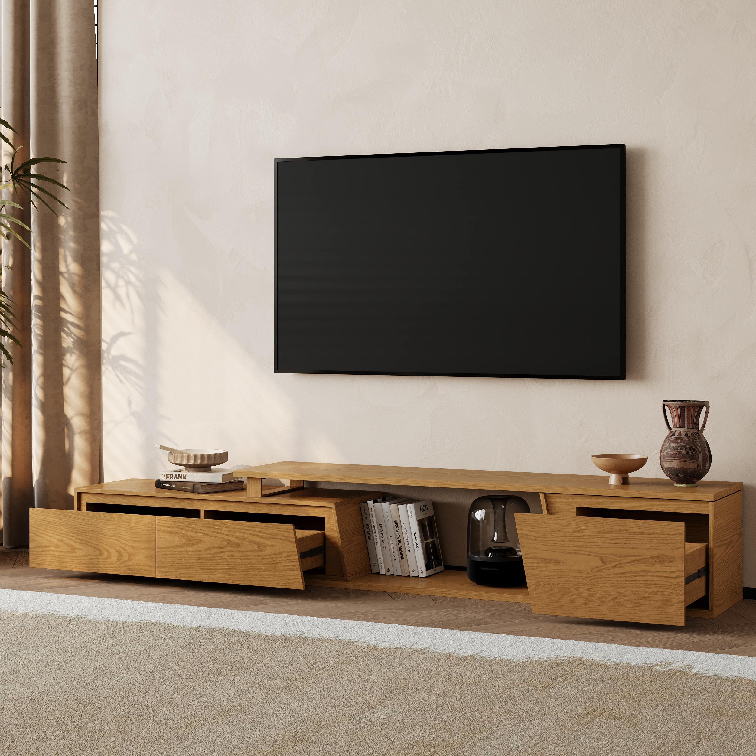 Fero Minimalist Natural Rectangle Reversible Extendable TV Stand with 3 Drawers Up to 120"