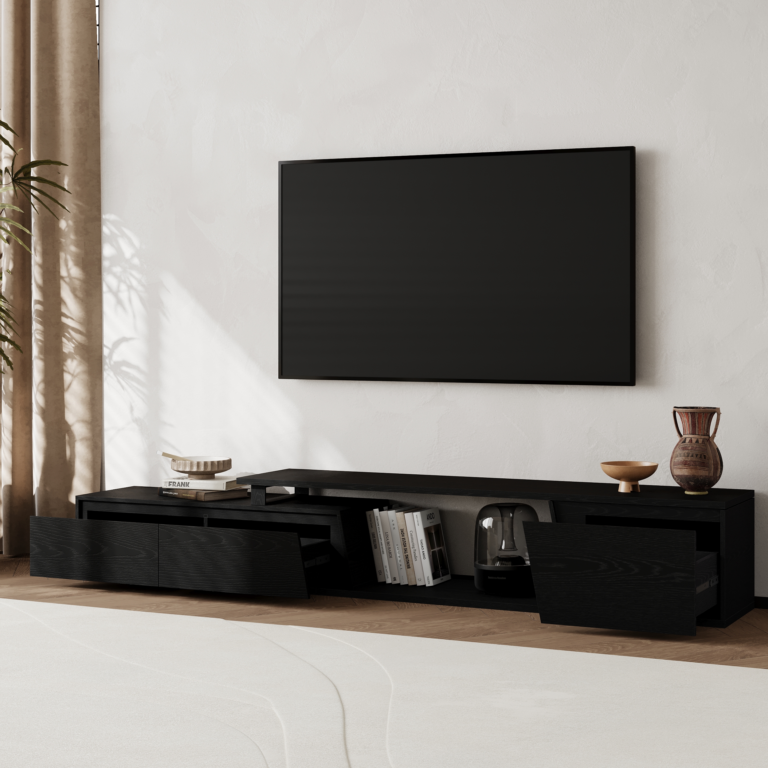 Fero Minimalist Black Rectangle Reversible Extendable TV Stand with 3 Drawers Up to 120"