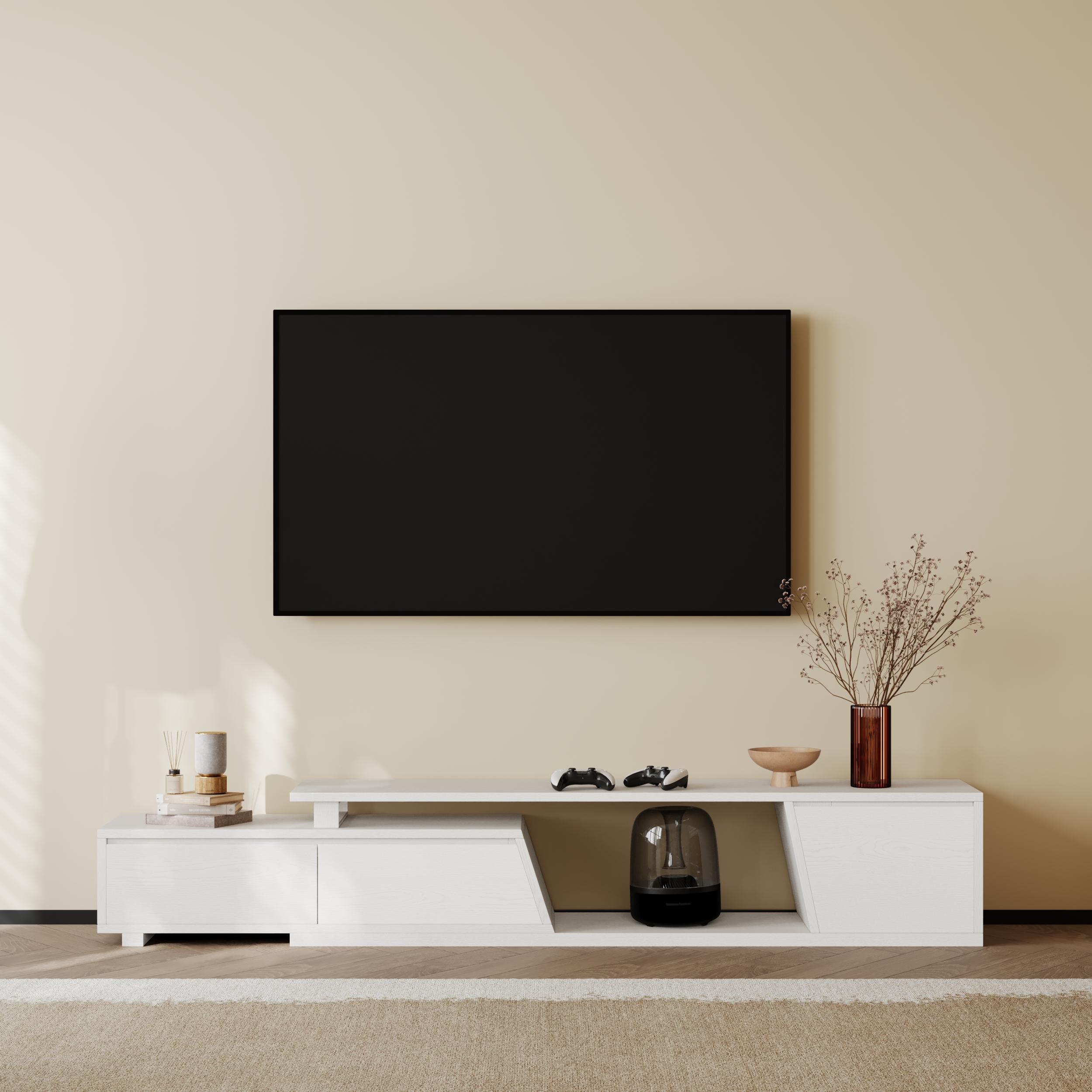 Fero Minimalist White Rectangle Extendable TV Stand with 3 Drawers Up to 120"