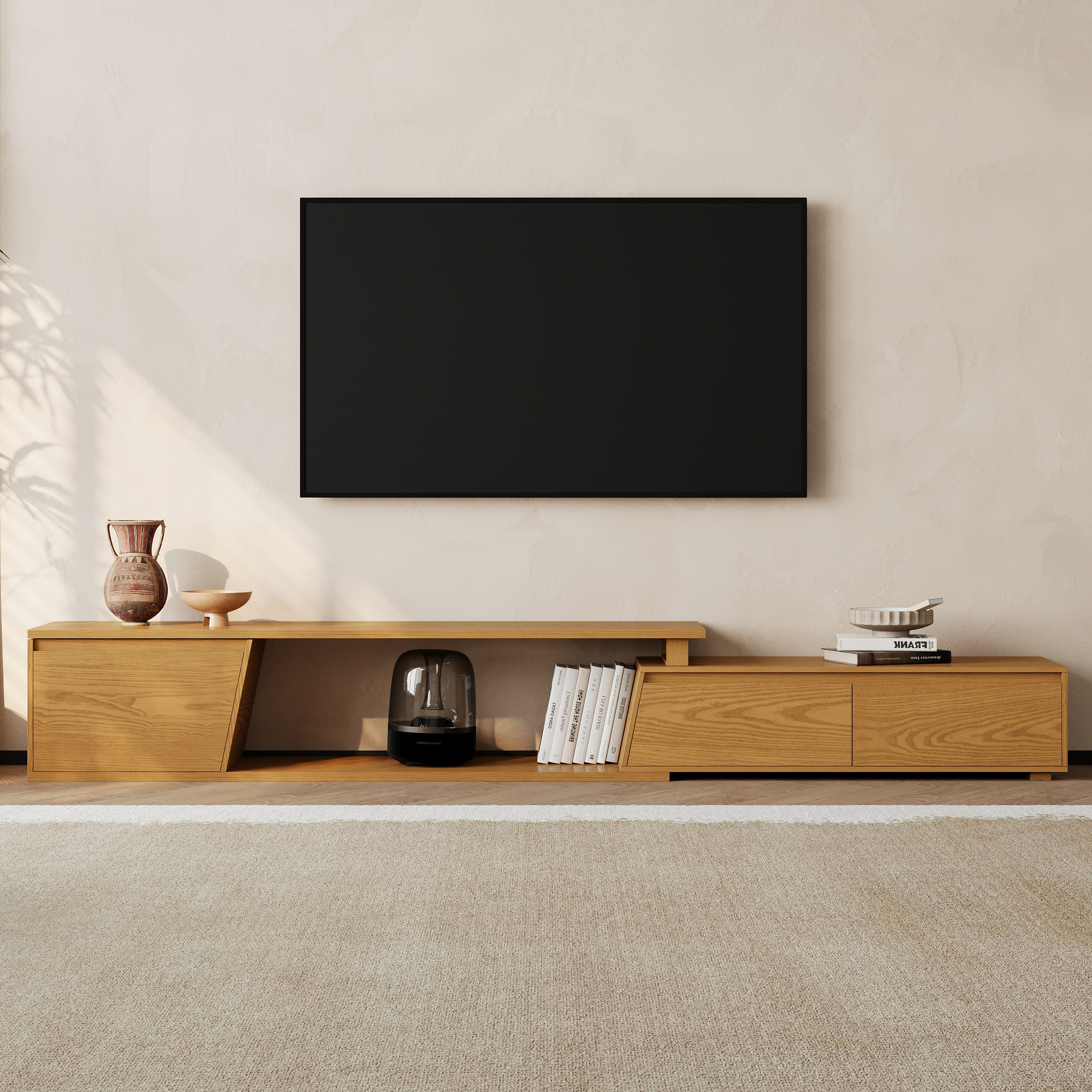 Fero Minimalist Natural Rectangle Reversible Extendable TV Stand with 3 Drawers Up to 120"