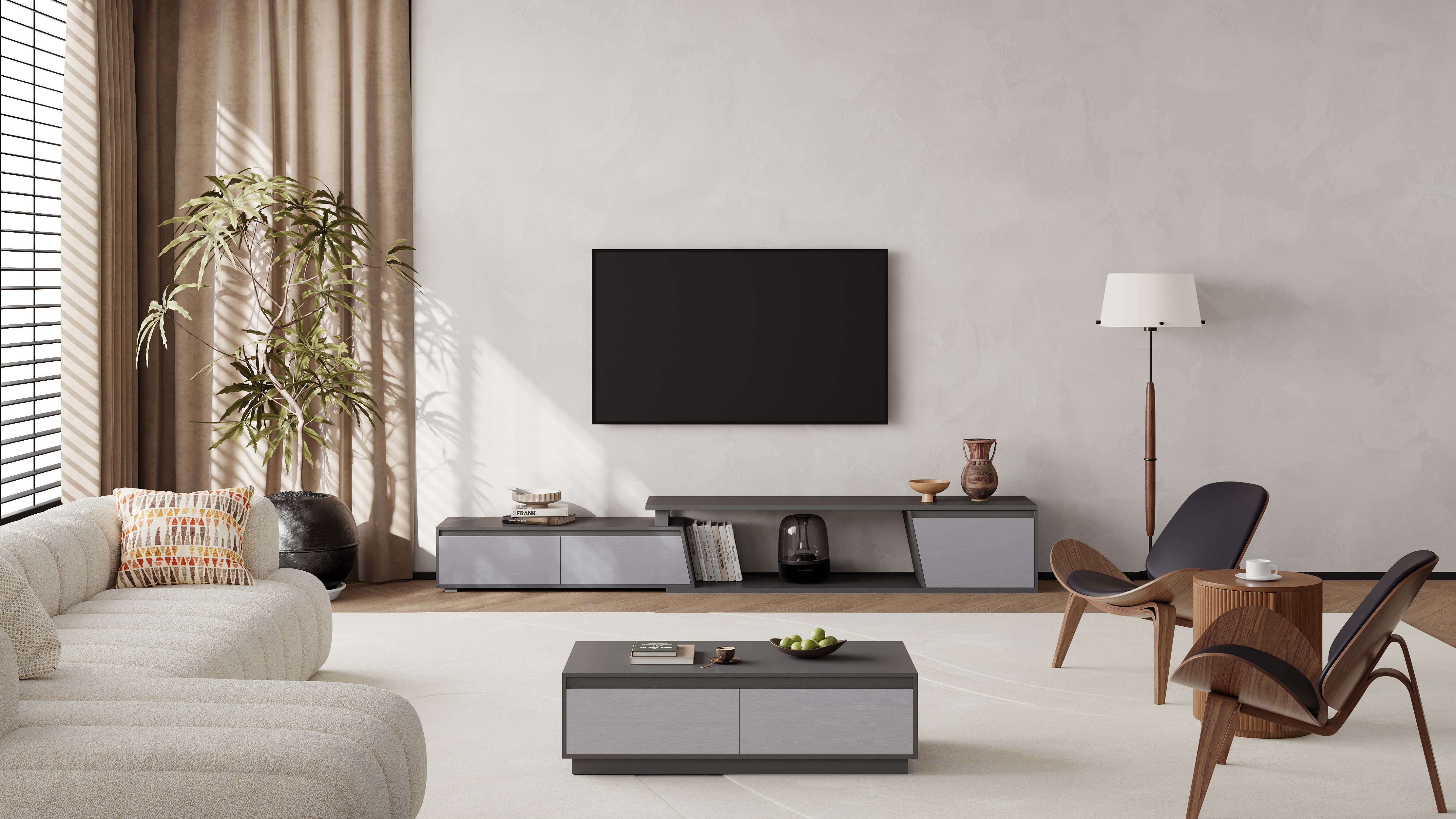 Extendable Fero grey TV cabinet with 3 drawers 180 - 280 cm｜Homary ES