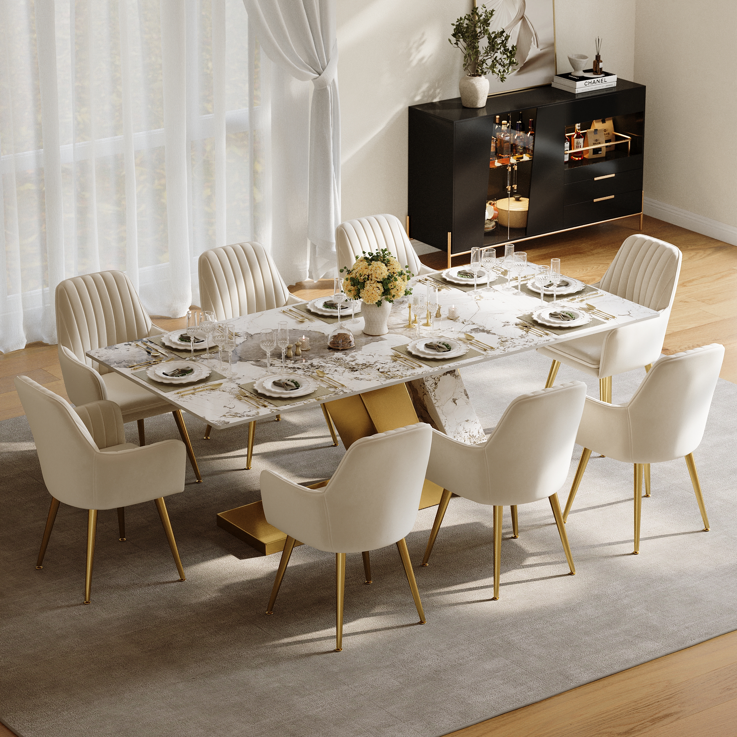 Modern 87" Rectangle Faux Marble Dining Table with 8 Chairs in Gold
