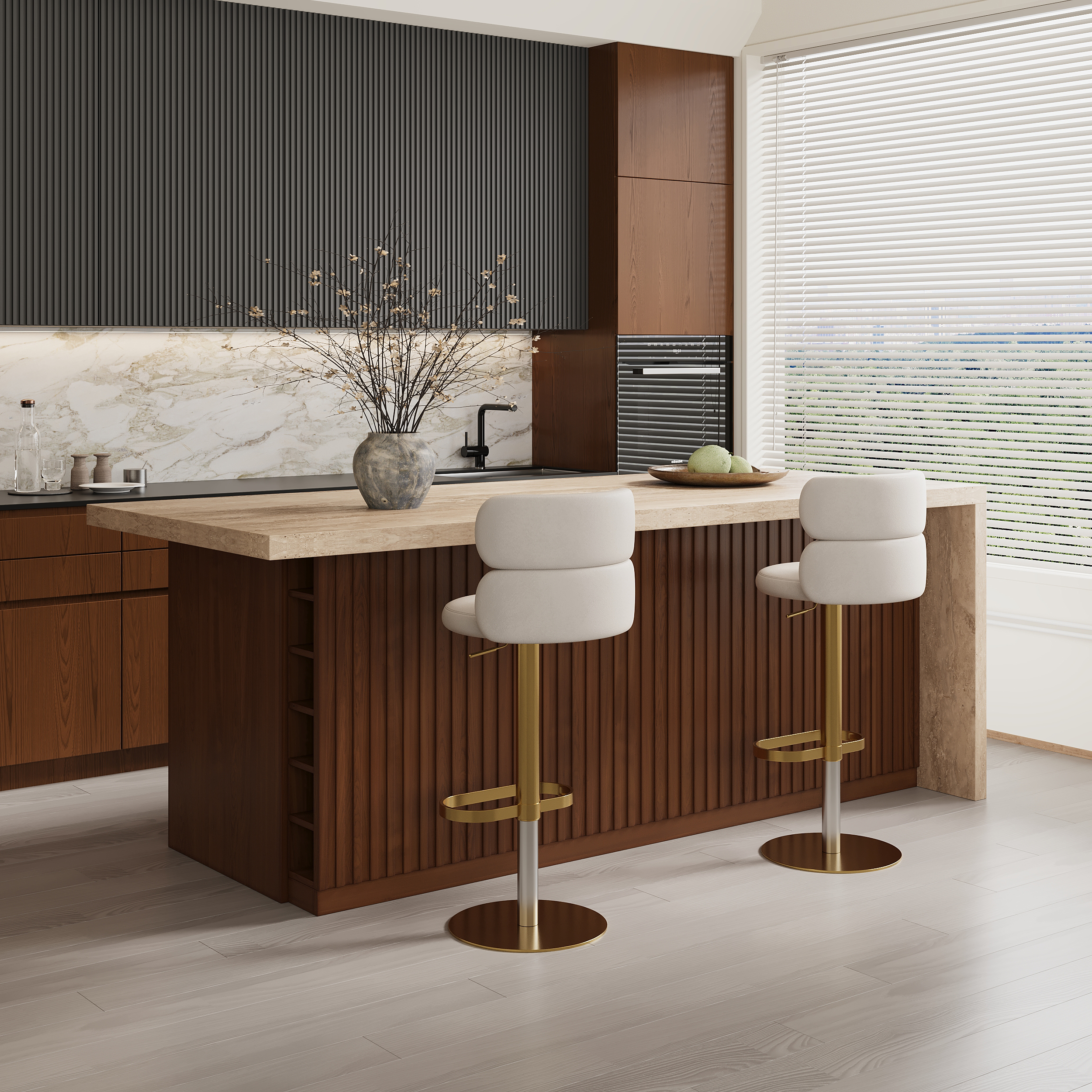 72" Large Kitchen Island Marble Veneered Top with Storage Walnut Modern Kitchen Cabinet