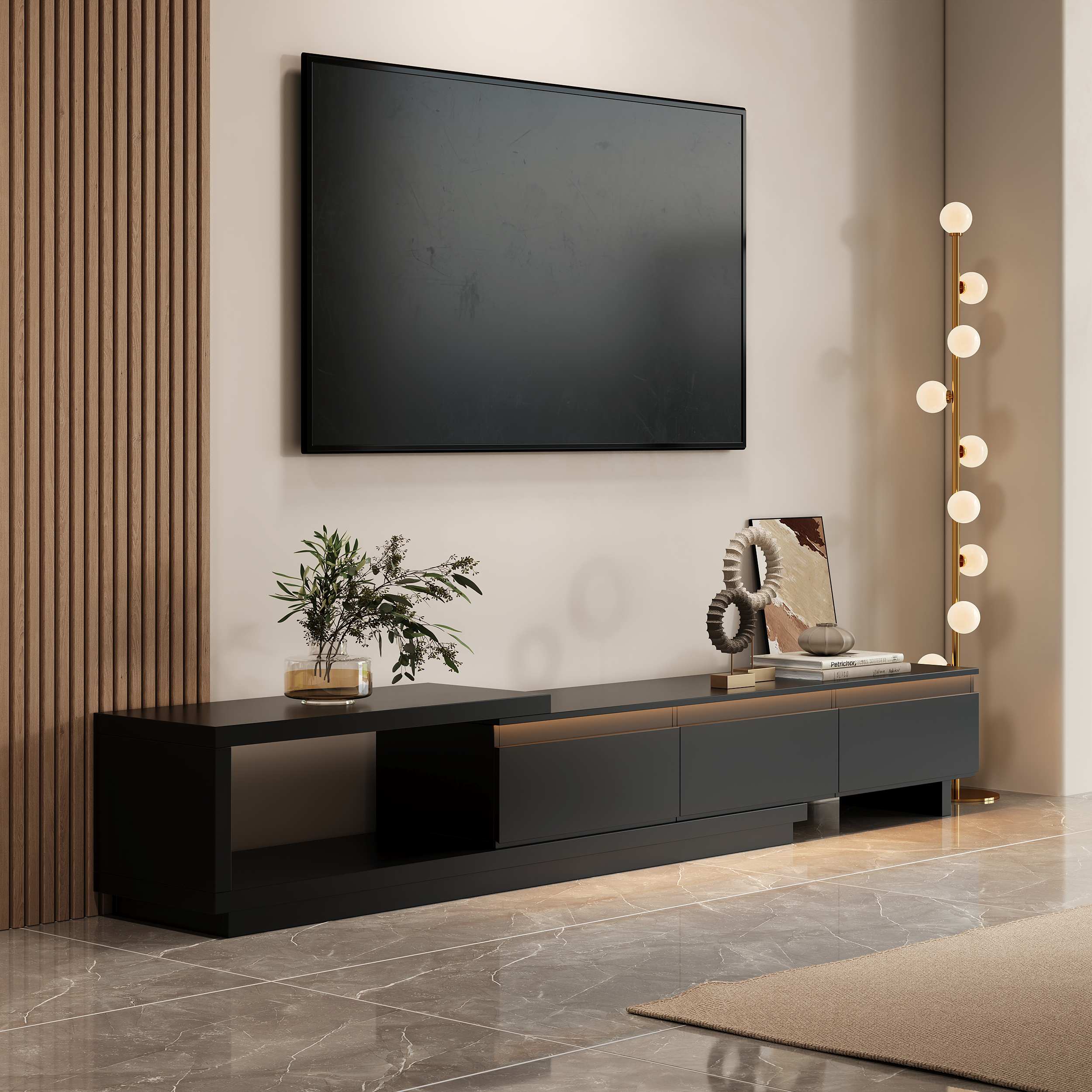 Quoint 100.4" Modern TV Stand Retracted & Extendable 3-Drawer Light Media Console Black