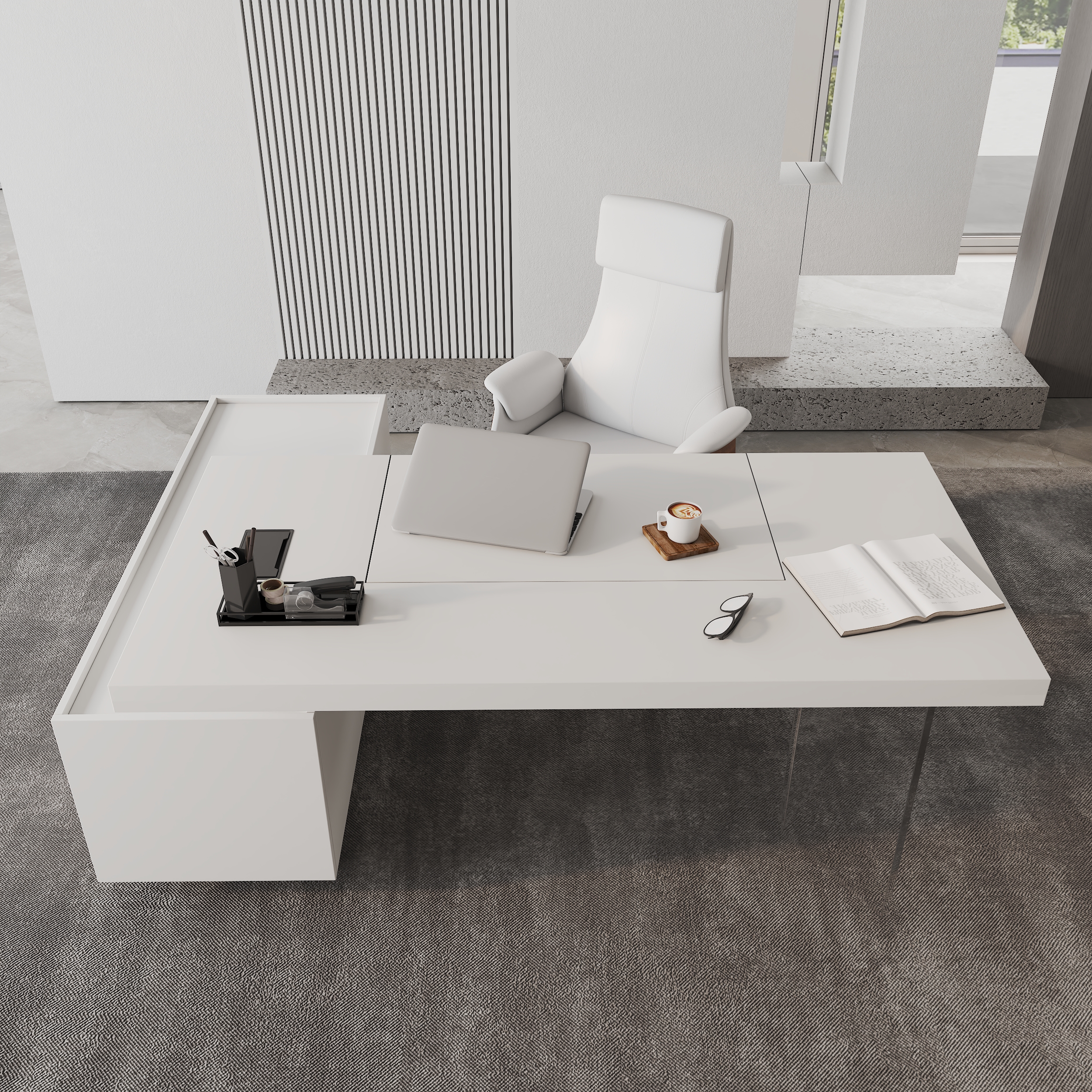 L Shaped Executive Office Desk Standing Desktop with Side Cabinet and lifter Desktop Right
