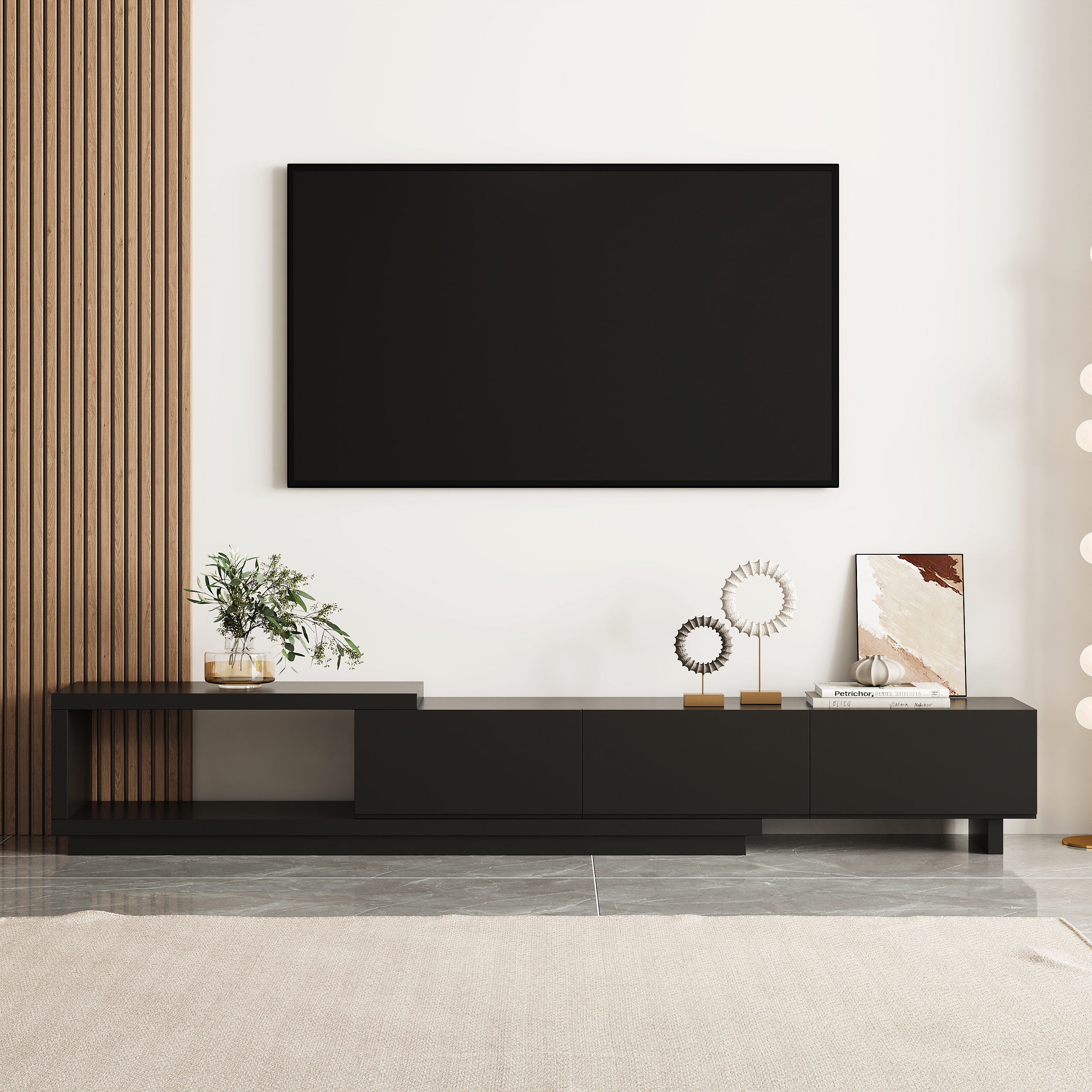 Quoint 100.4" Modern TV Stand Retracted & Extendable 3-Drawer Media Console Black